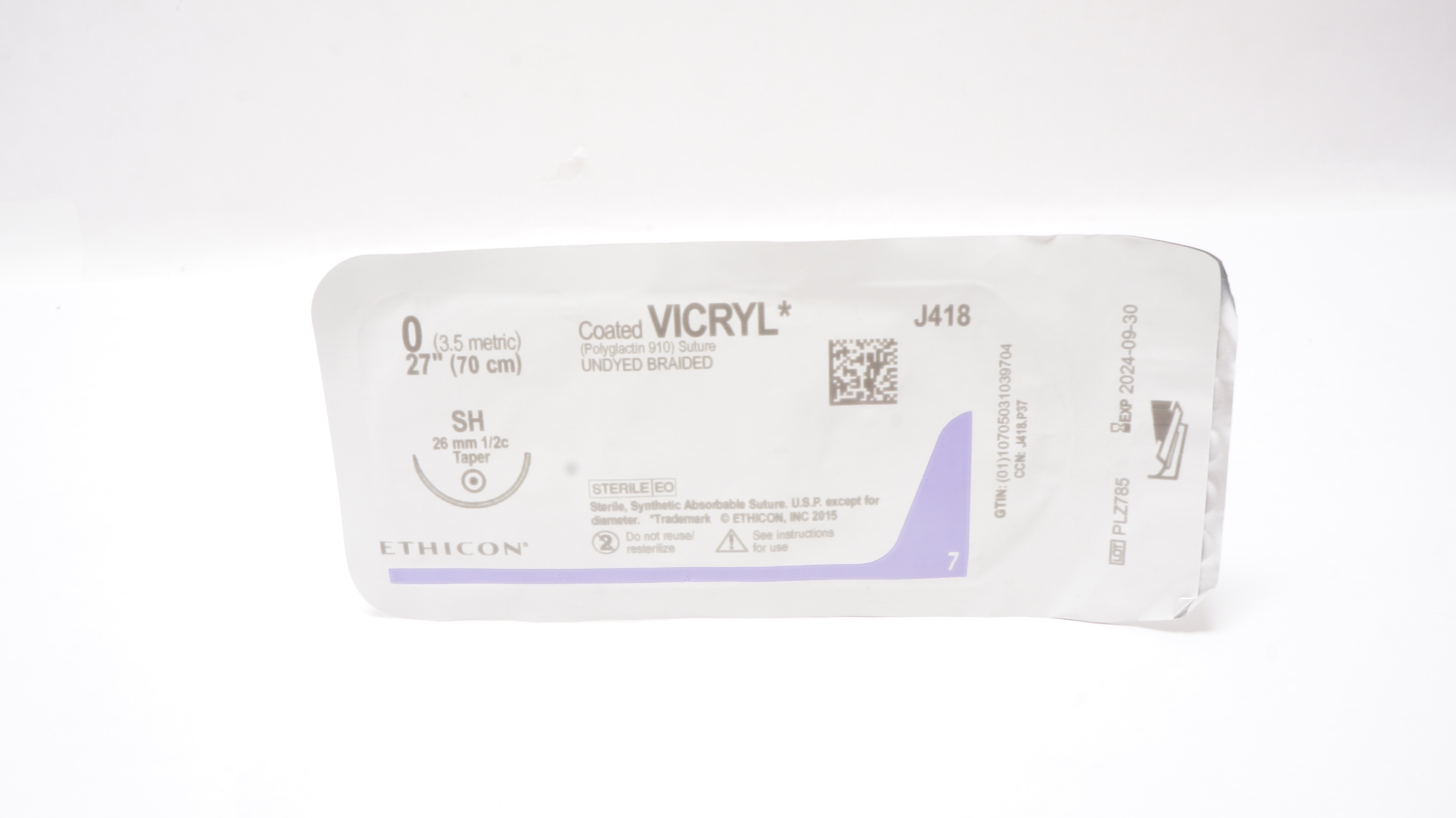 Ethicon J418 0 Coated VICRYL Polyglactin Stre SH 26mm 1/2c Taper, 27inch