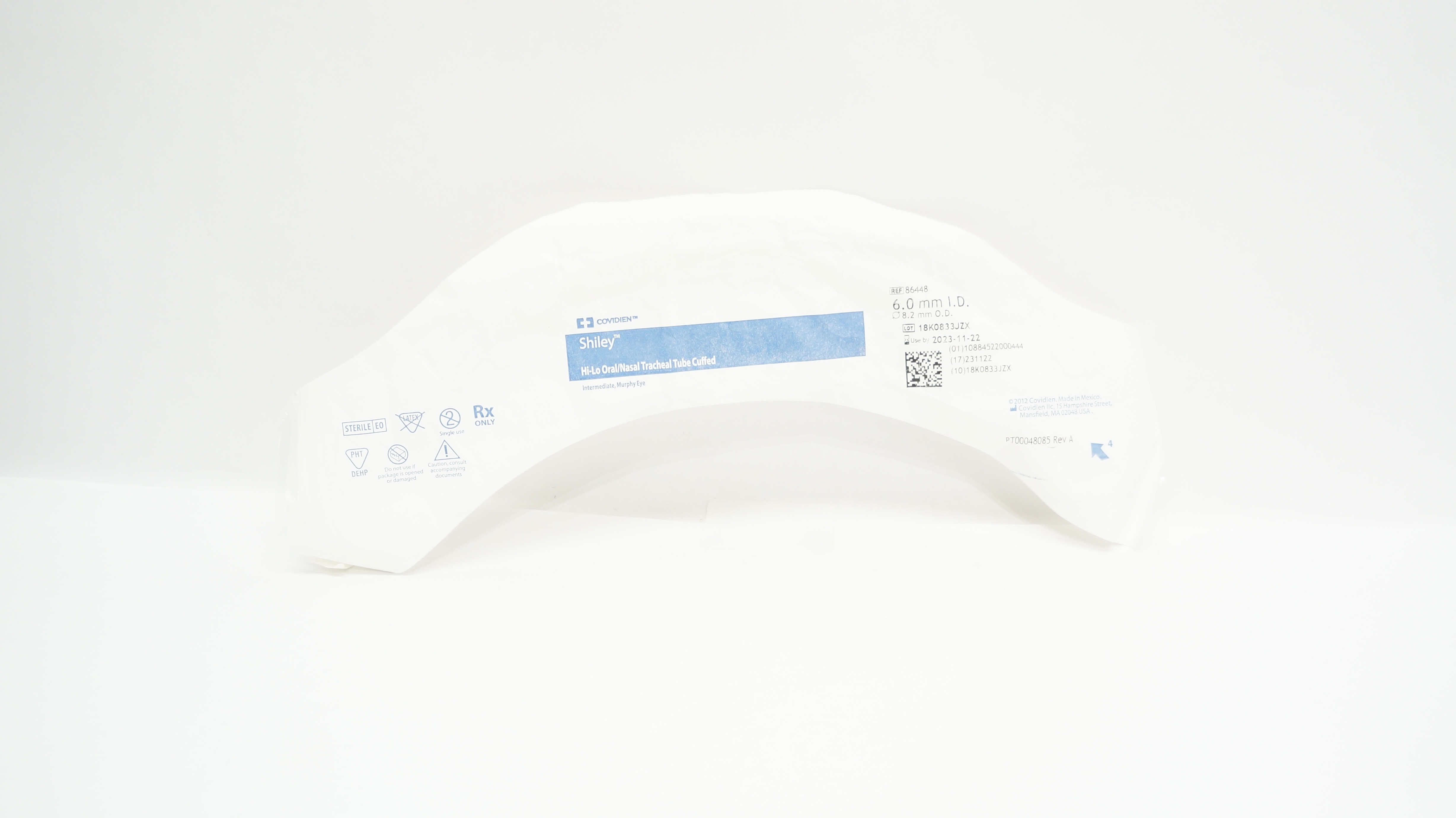 Covidien 86448 Shiley Hi-Lo Oral/Nasal Tracheal Tube Cuffed 6.0mm ID x 8.2mm OD