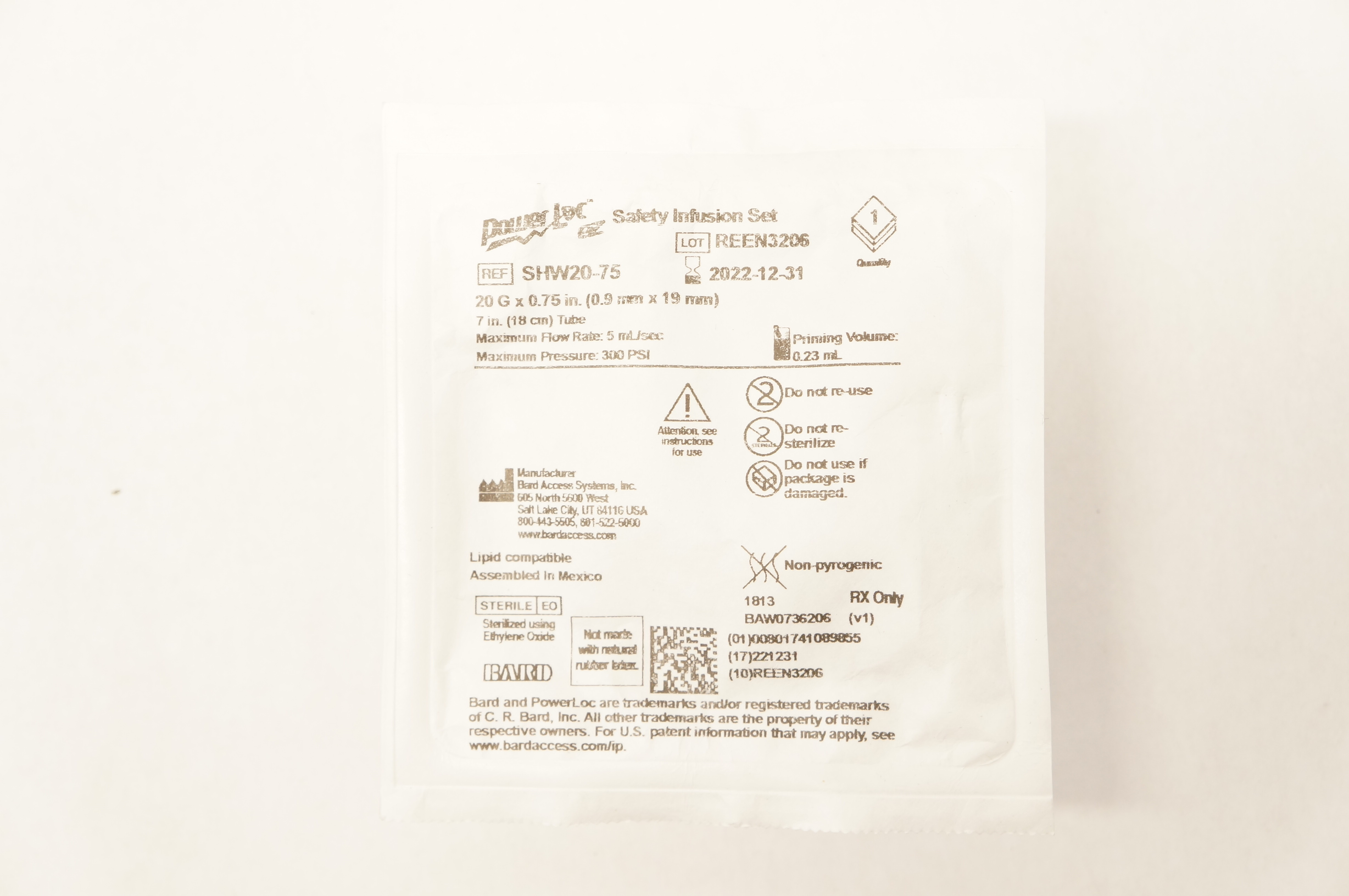 Bard SHW20-75 Power Loc Safety Infusion Set 20G x 0.75 inch, Priming Vol. 0.23mL