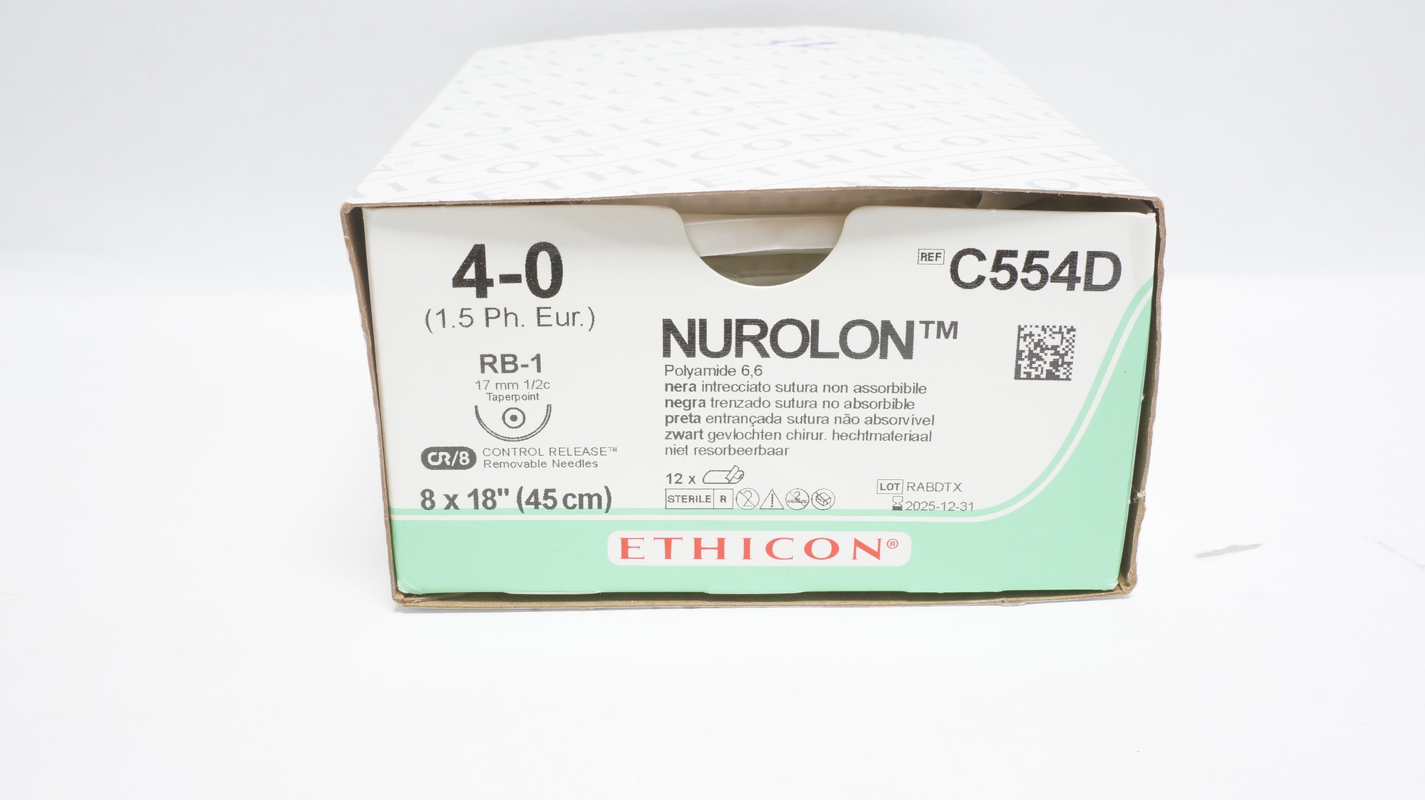Ethicon C554D 4-0 Nurolon Nylon, RB-1, 17mm 1/2c Taper, 18inch (x) -Box of 11