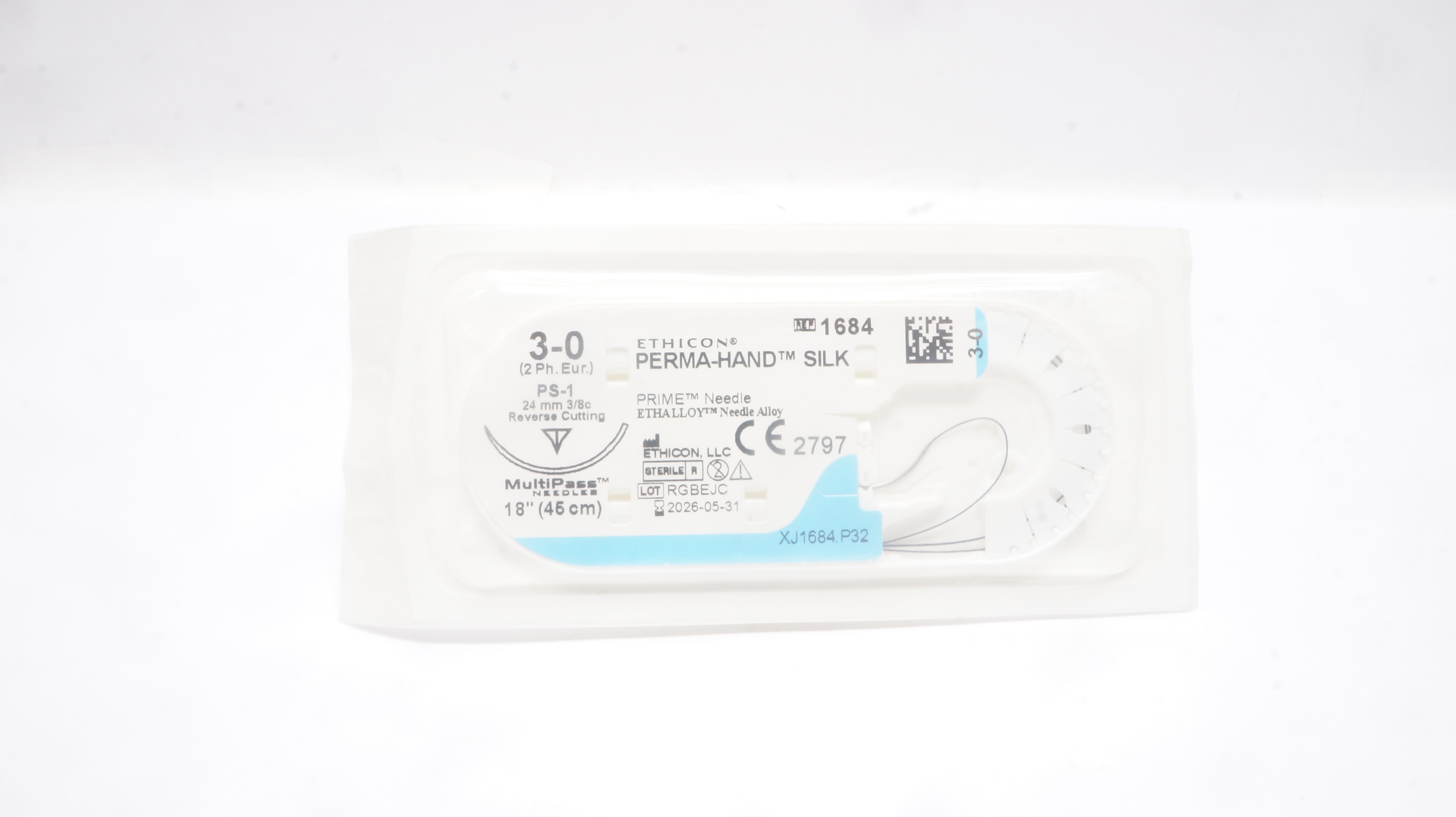 Ethicon 1684 3-0 Perma-Hand Silk Stre PS-1 24mm 3/8c Reverse Cutting 18 inch