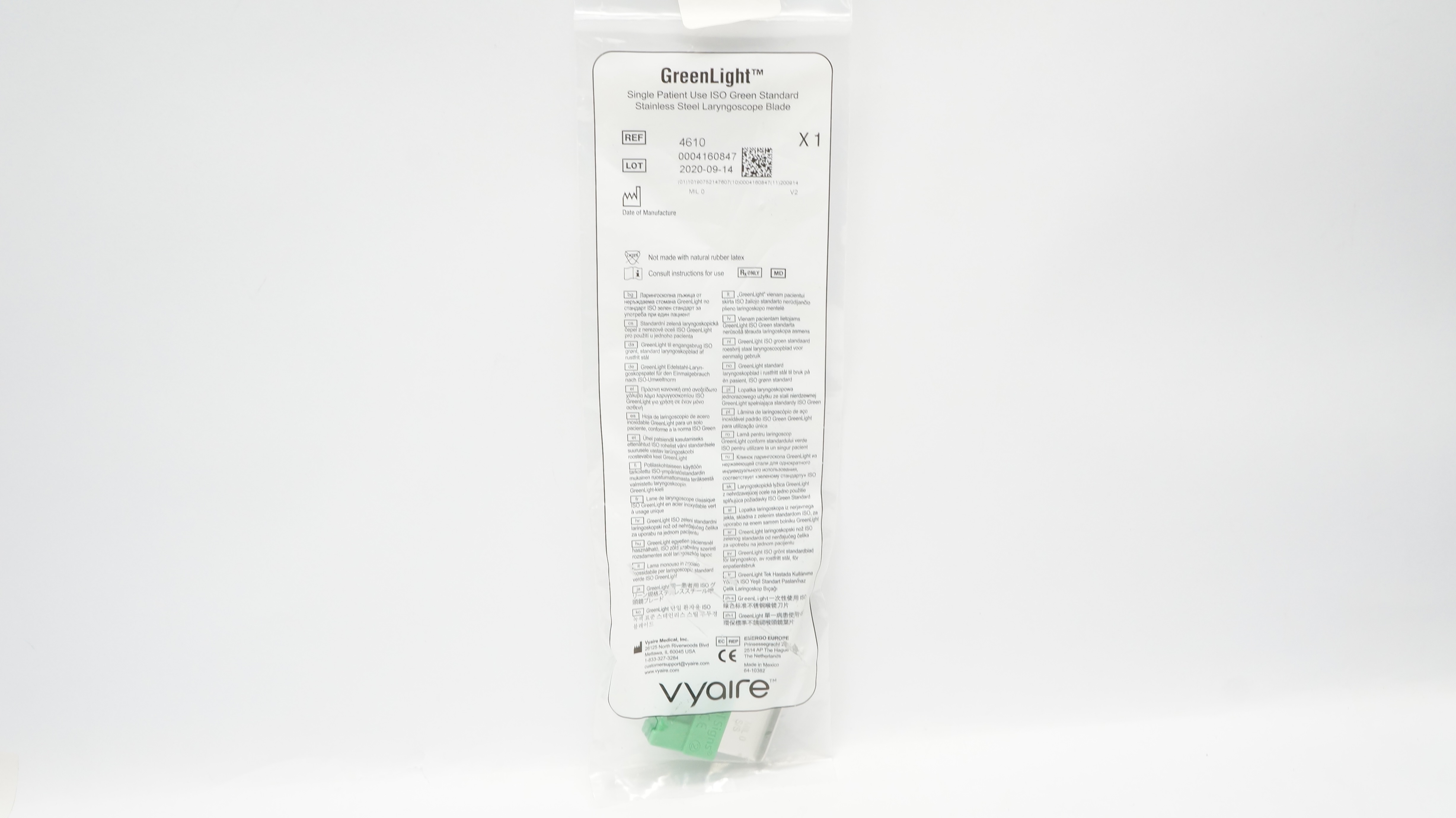 Vyaire 4610 GreenLight Green Standard Stainless Steel Laryngoscope Blade