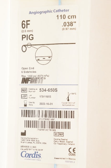 Cordis 534-650S Infiniti Angiographic Cath. PIG 6F x 0.038inch x 110cm (x)