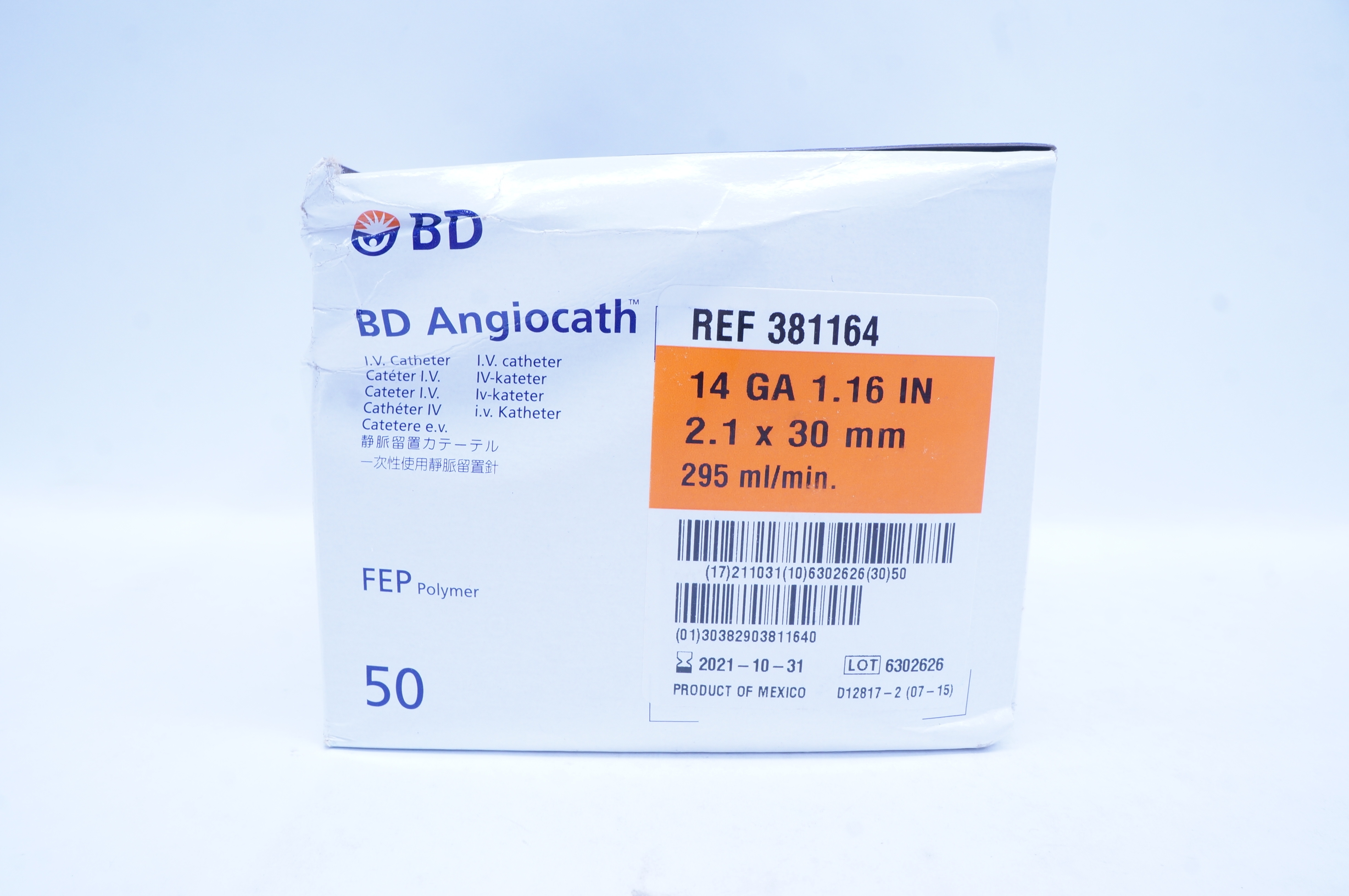 BD 381164 Angiocath I.V. Cath. 14GA. x 1.16inch - Box of 50