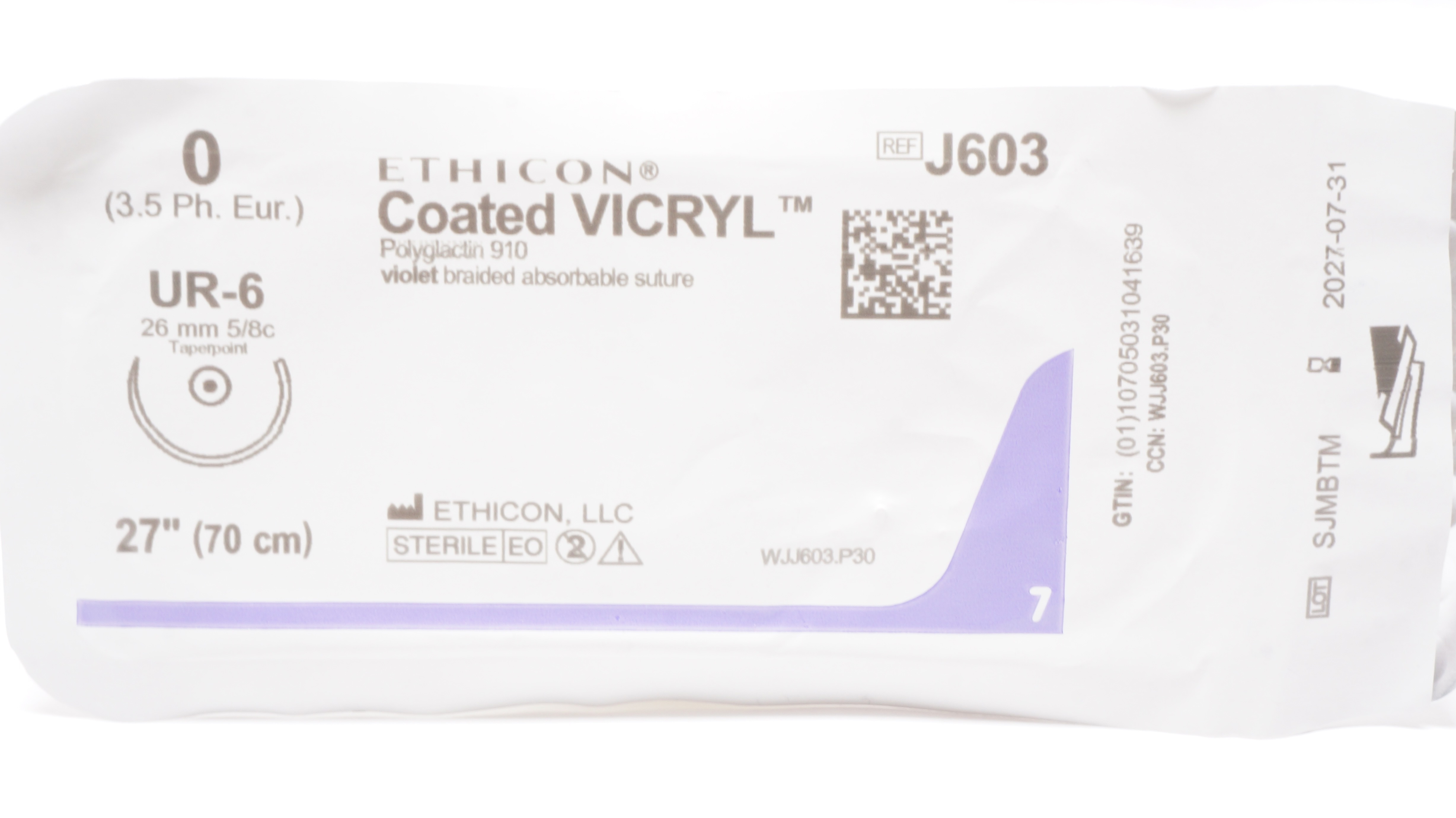 Ethicon J603 0 VICRYL, UR-6 26mm 5/8c Taper, 27 inch