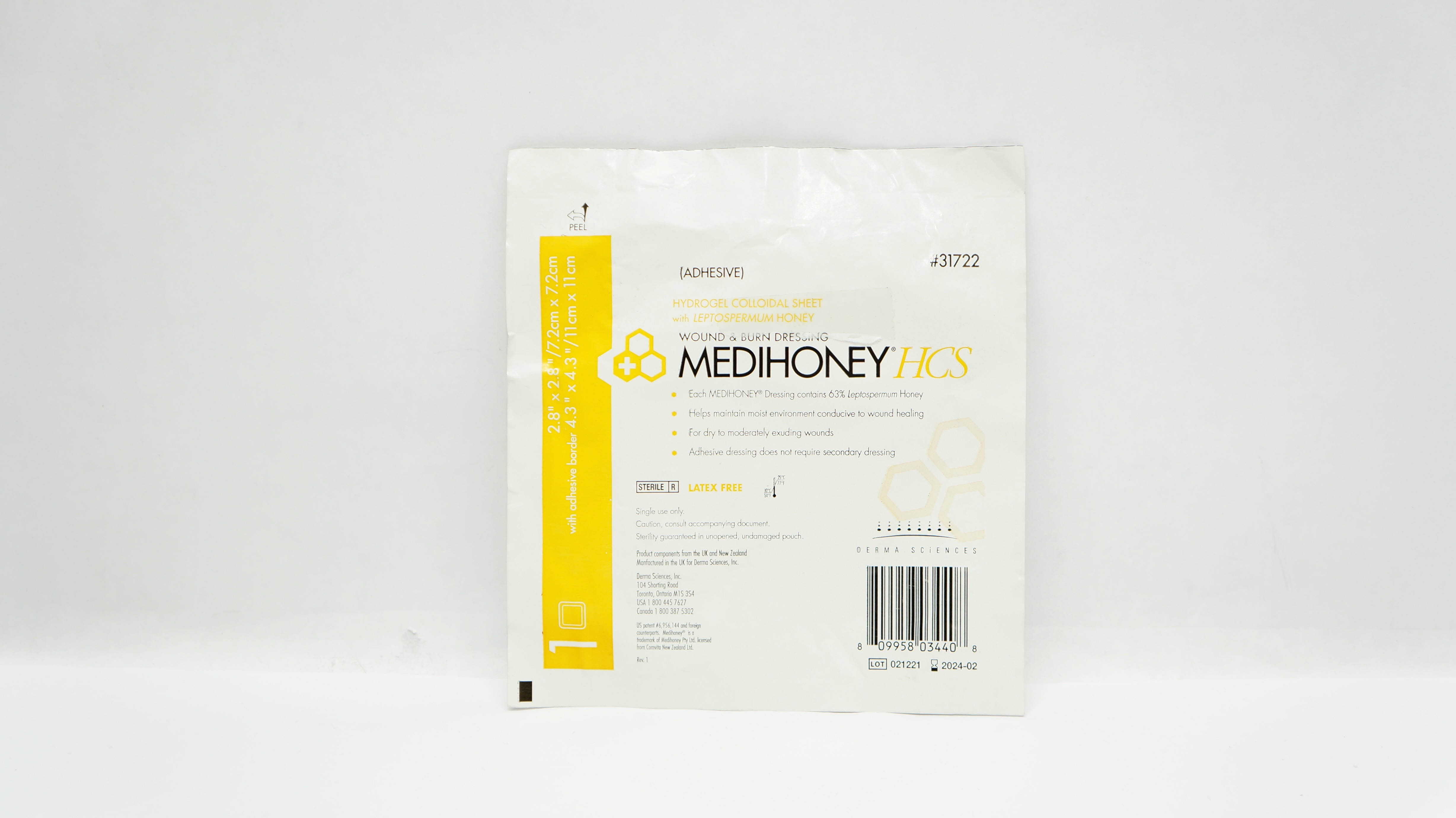 Derma Sciences 31722 Medihoney HCS Wound&Burn Dressing 2.8inch x 2.8inch