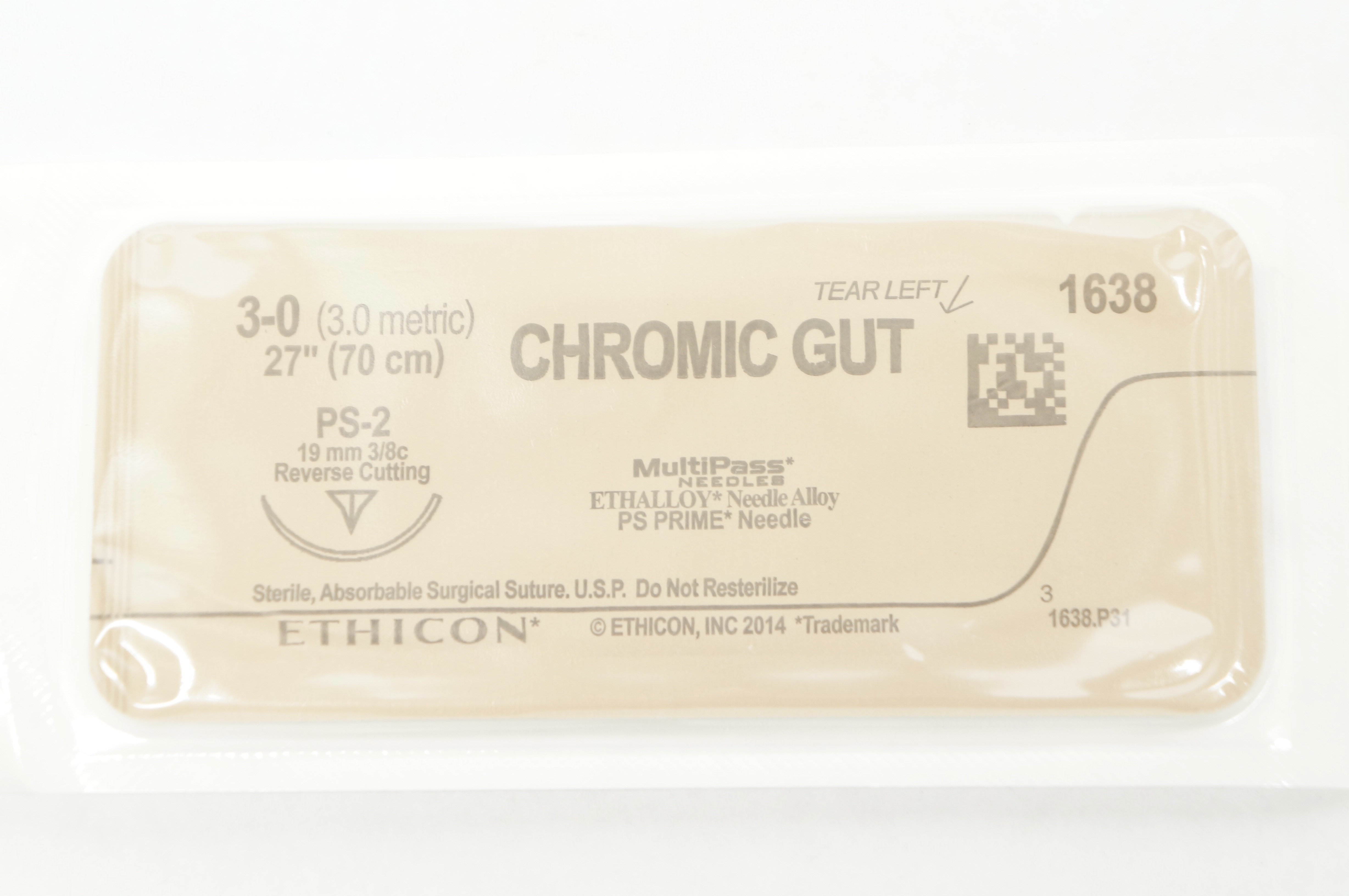 Ethicon 1638 3-0 Chromic Gut PS-2 19mm 3/8c Reverse Cutting 27inch (x)