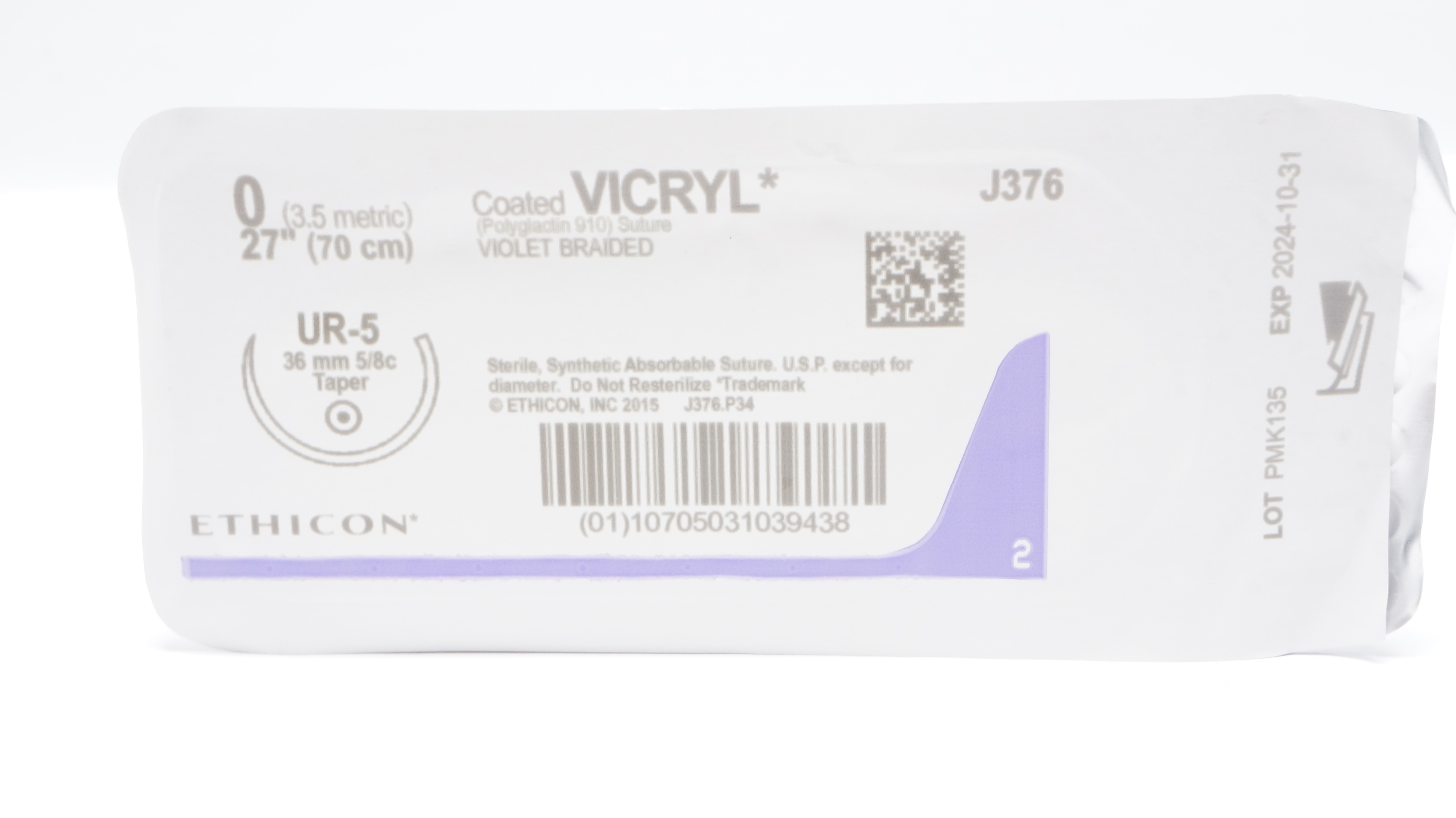 Ethicon J376 0 Coated VICRYL Polyglactin Stre UR-5 36mm 5/8c Taper, 27inch (x)
