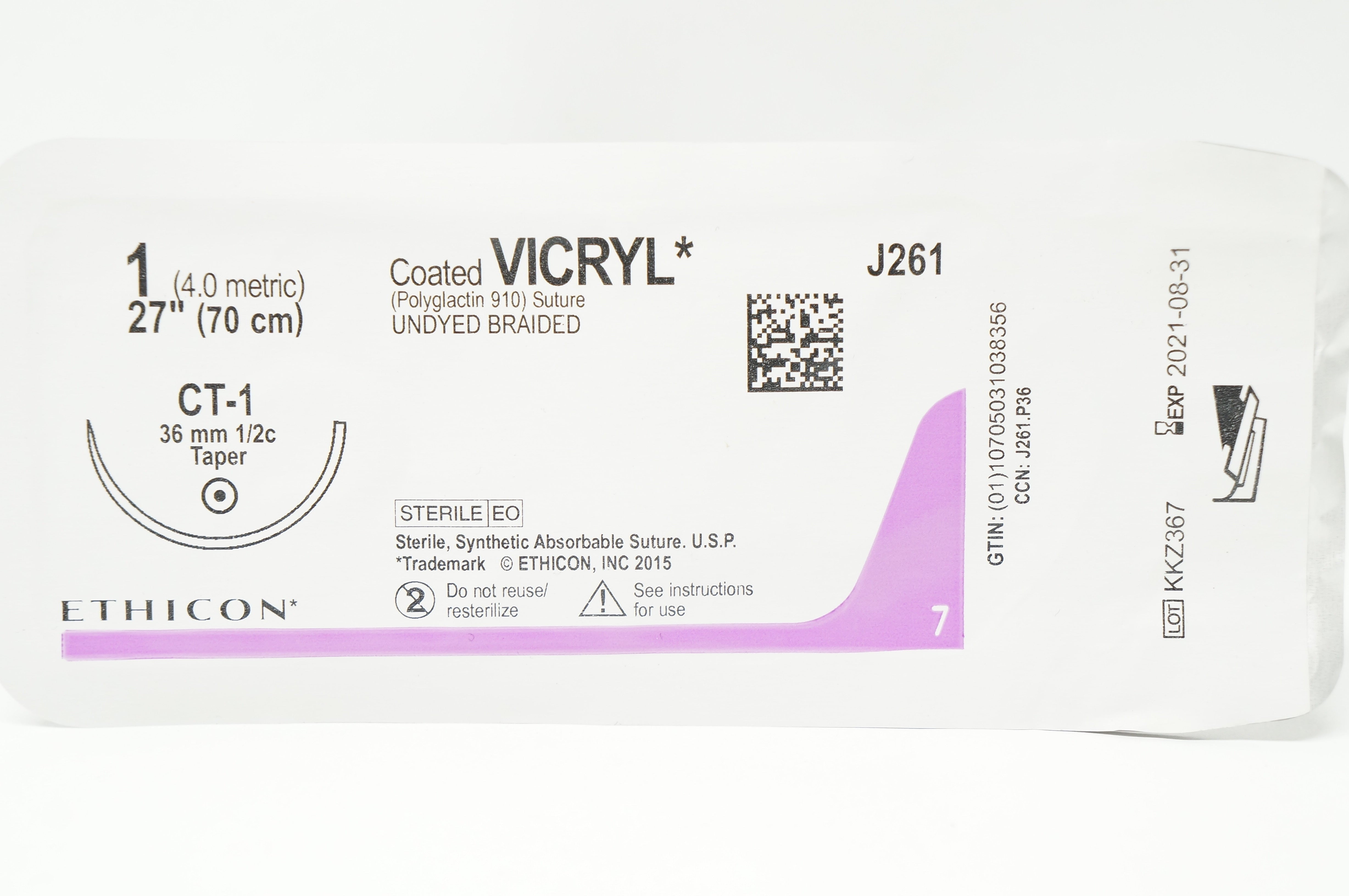 Ethicon J261 1 Coated VICRYL Stre, CT-1 36mm 1/2c Taperpoint, 27inch (x)