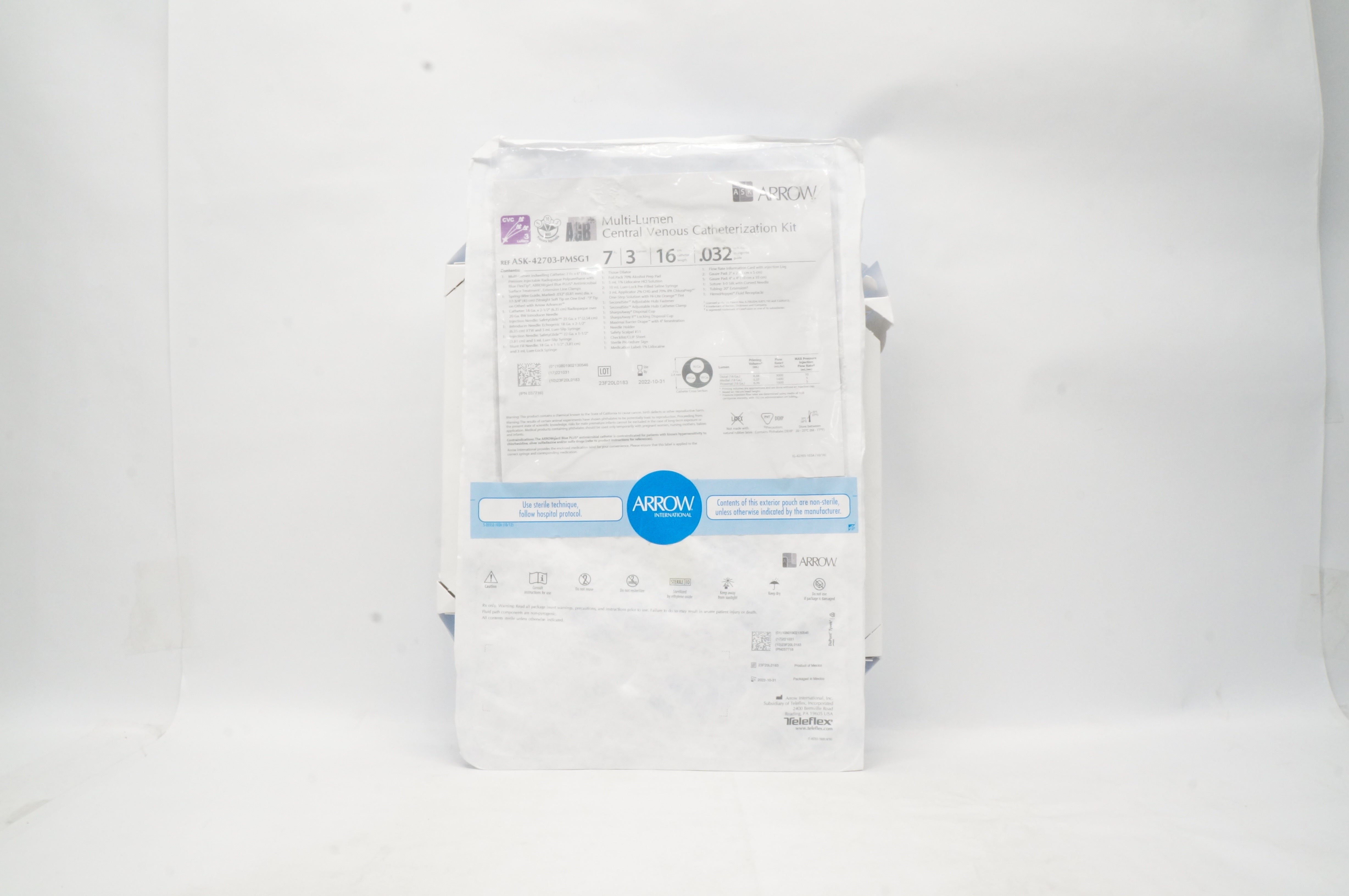 Arrow ASK-42703-PMSG1 Multi-Lumen Central Venous Cath. Kit 7Fr x16cm x .032in.