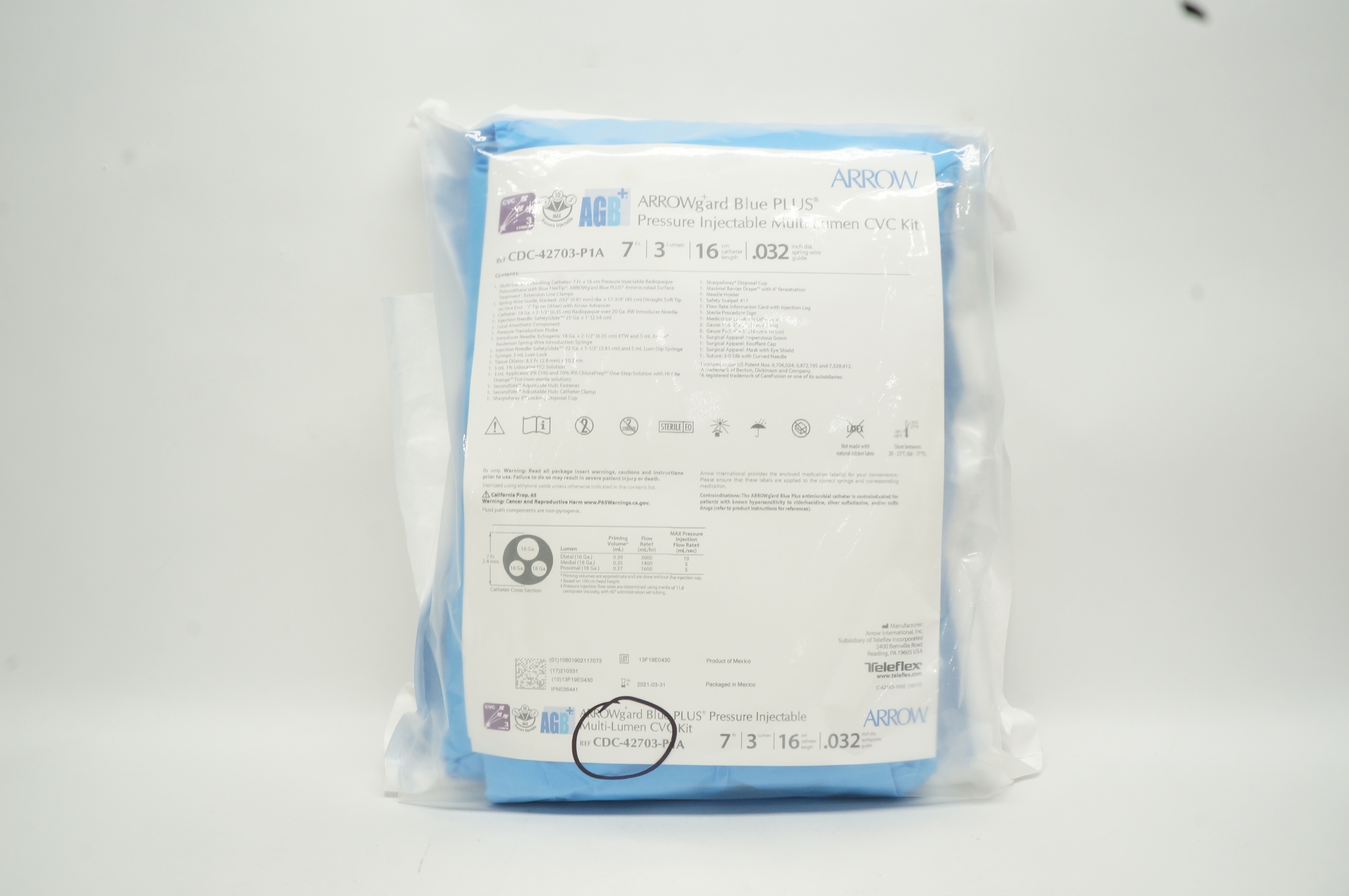 Arrow CDC-42703-P1A Pressure Injectable Multi-Lumen CVC Kit 7Fr. x 16cm (x)