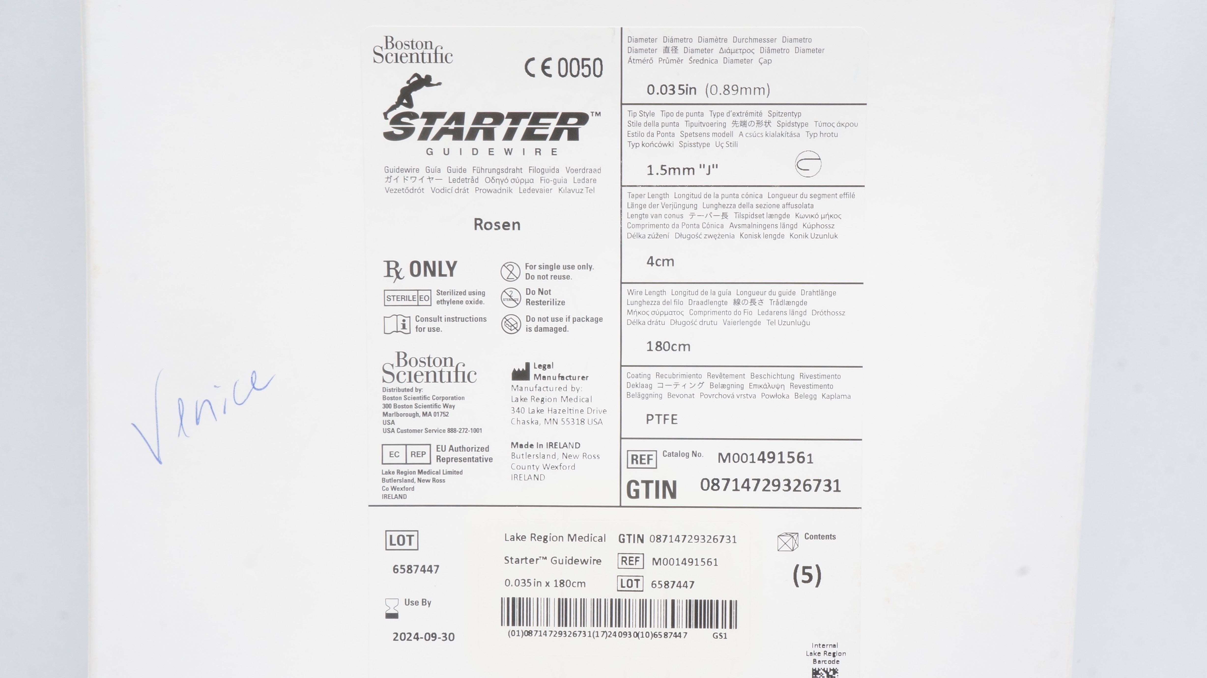 Boston Scientific M001491561 Starter Guidewire 0.035inch x 180cm (x) - Box of 5