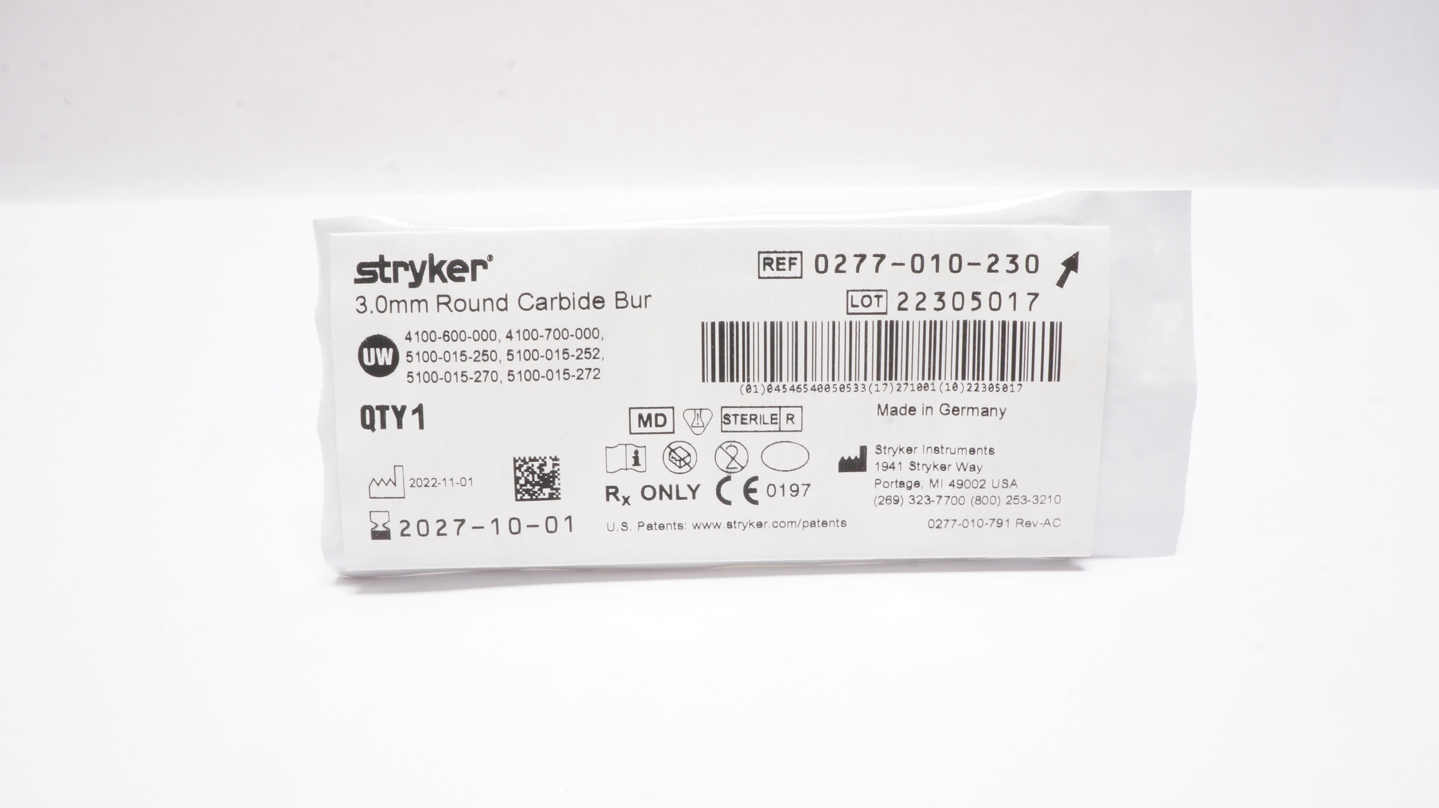Stryker 0277-010-230 Round Carbide Bur 3.0mm
