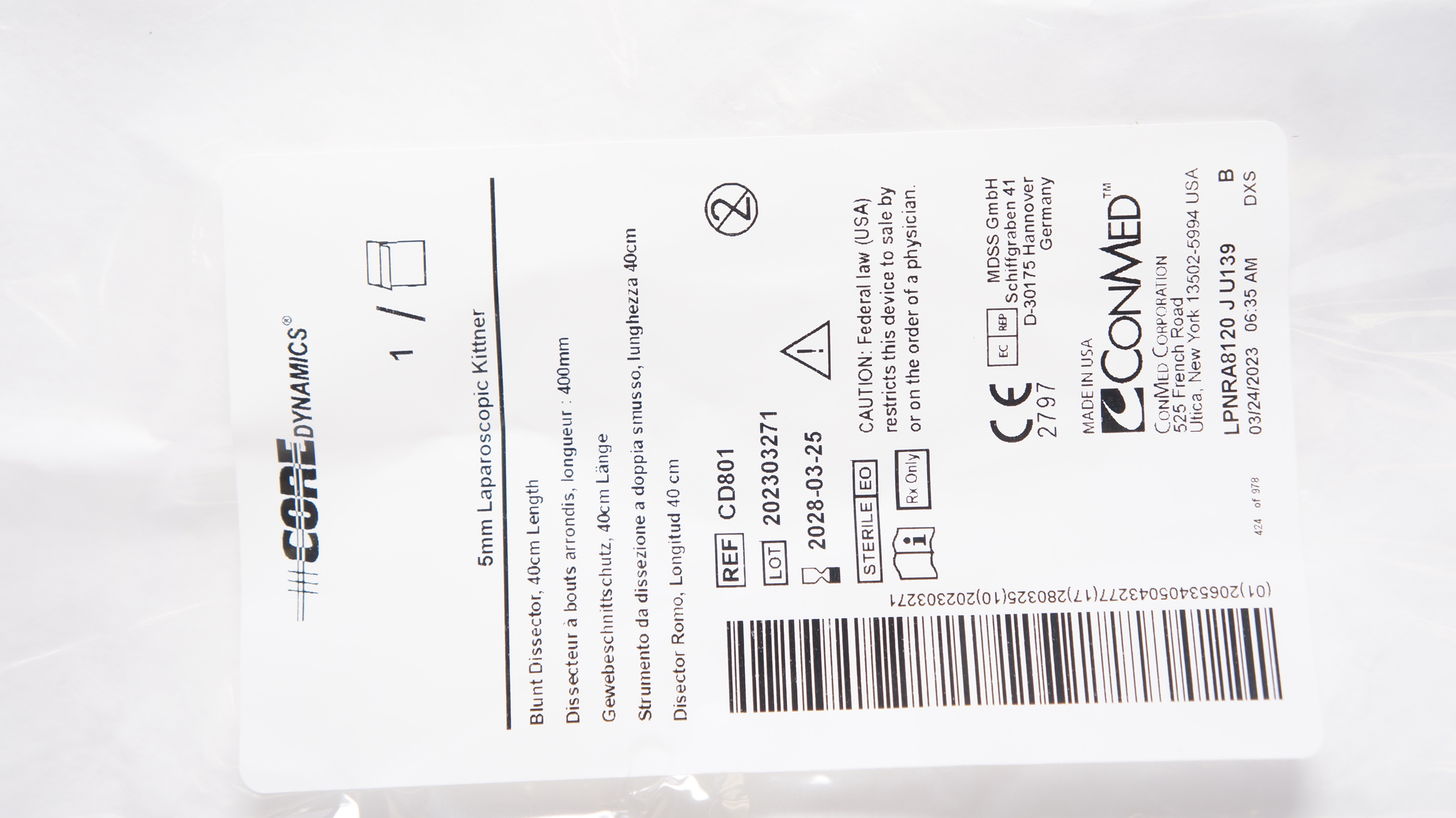 ConMed CD801 Core Dynamics 5mm Laparoscopic Kittner, Blunt Dissector 40cm