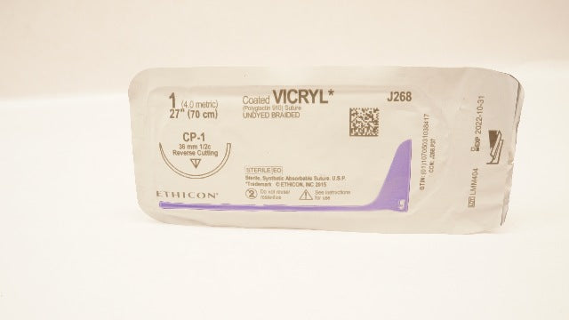 Ethicon J268 1 VICRYL, CP-1, 36mm 1/2c Reverse Cutting, 27inch (x)