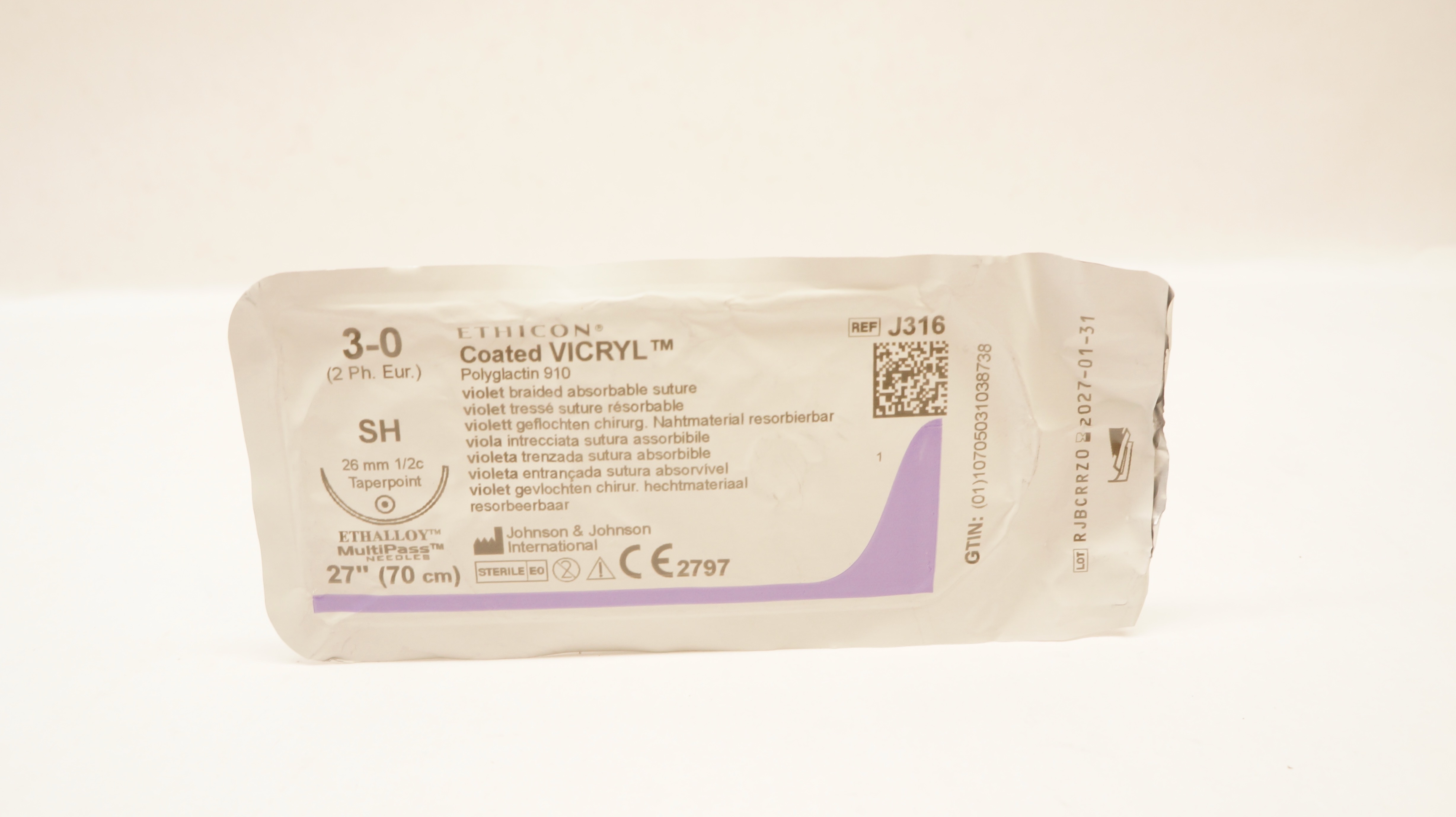 Ethicon J316 3-0 Coated VICRYL Polyglactin Stre SH 26mm 1/2c Taperpoint 27inch