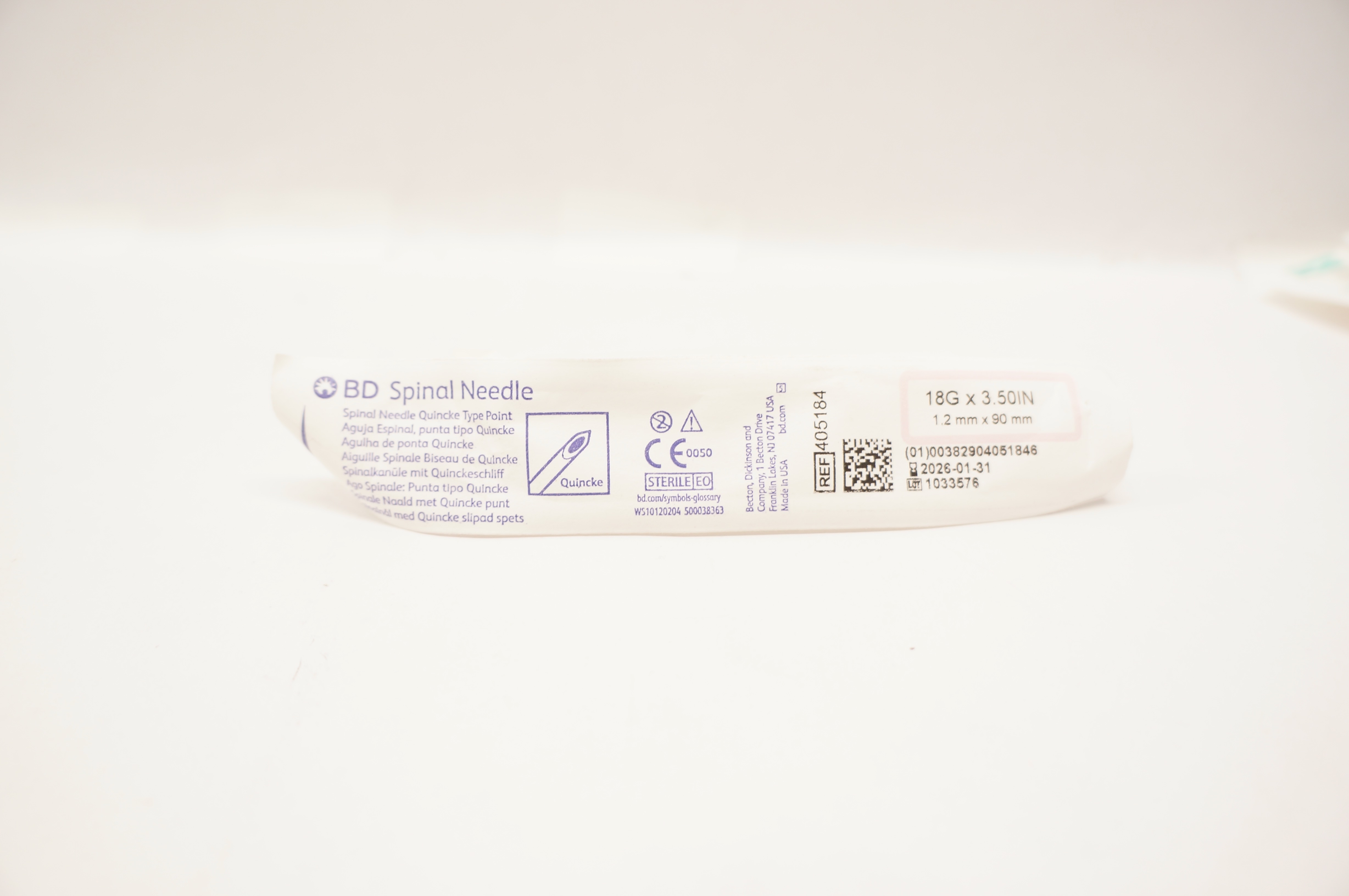 BD 405184 Spinal Ndle. Quincke Type Point 18G x 3.50inch