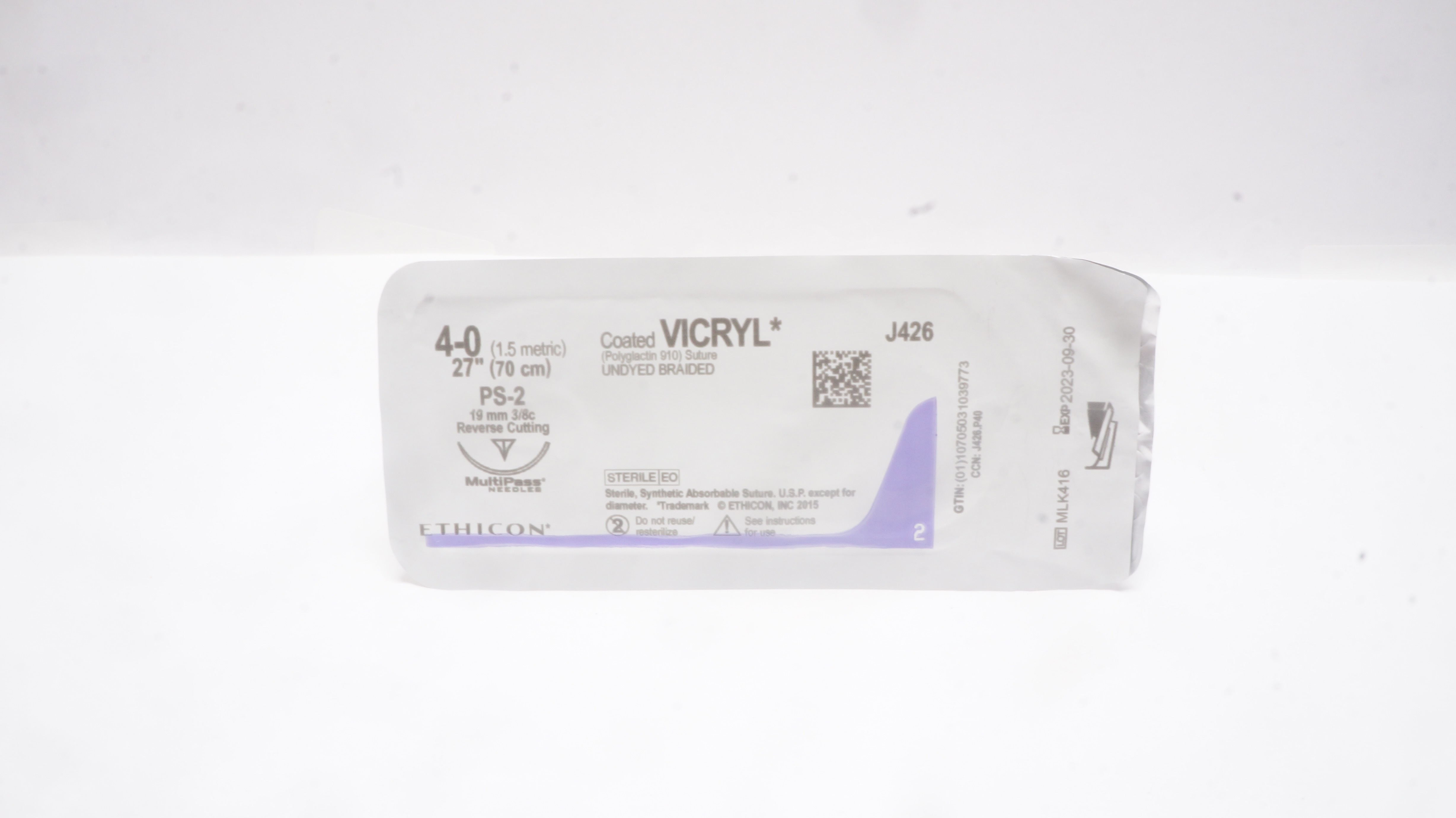 Ethicon J426 4-0 Coated VICRYL PS-2 19mm 3/8c Reverse Cutting, 27inch
