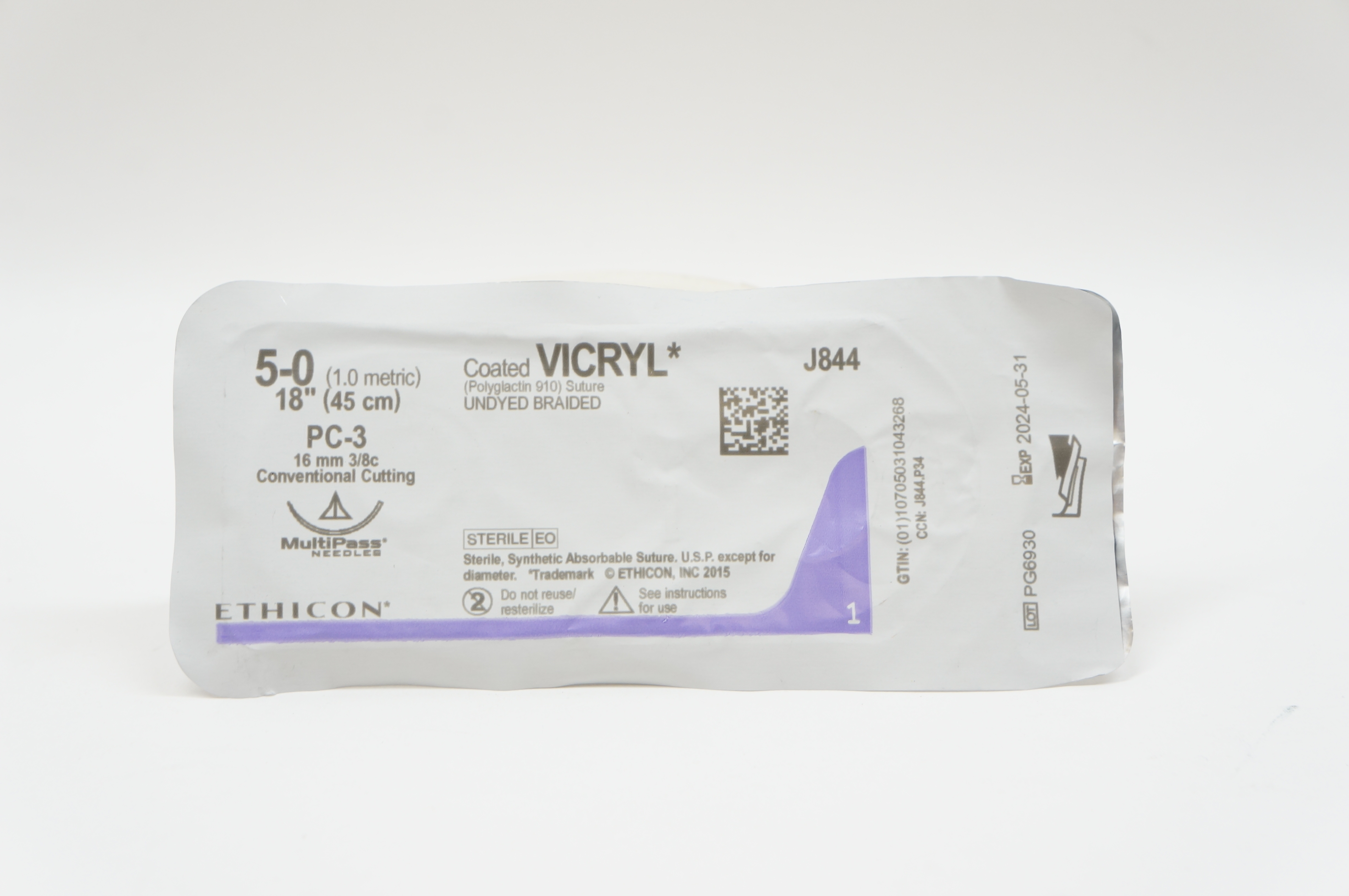 Ethicon J844 5-0 VICRYL, PC-3, 16mm 3/8c Conventional Cutting, 18inch