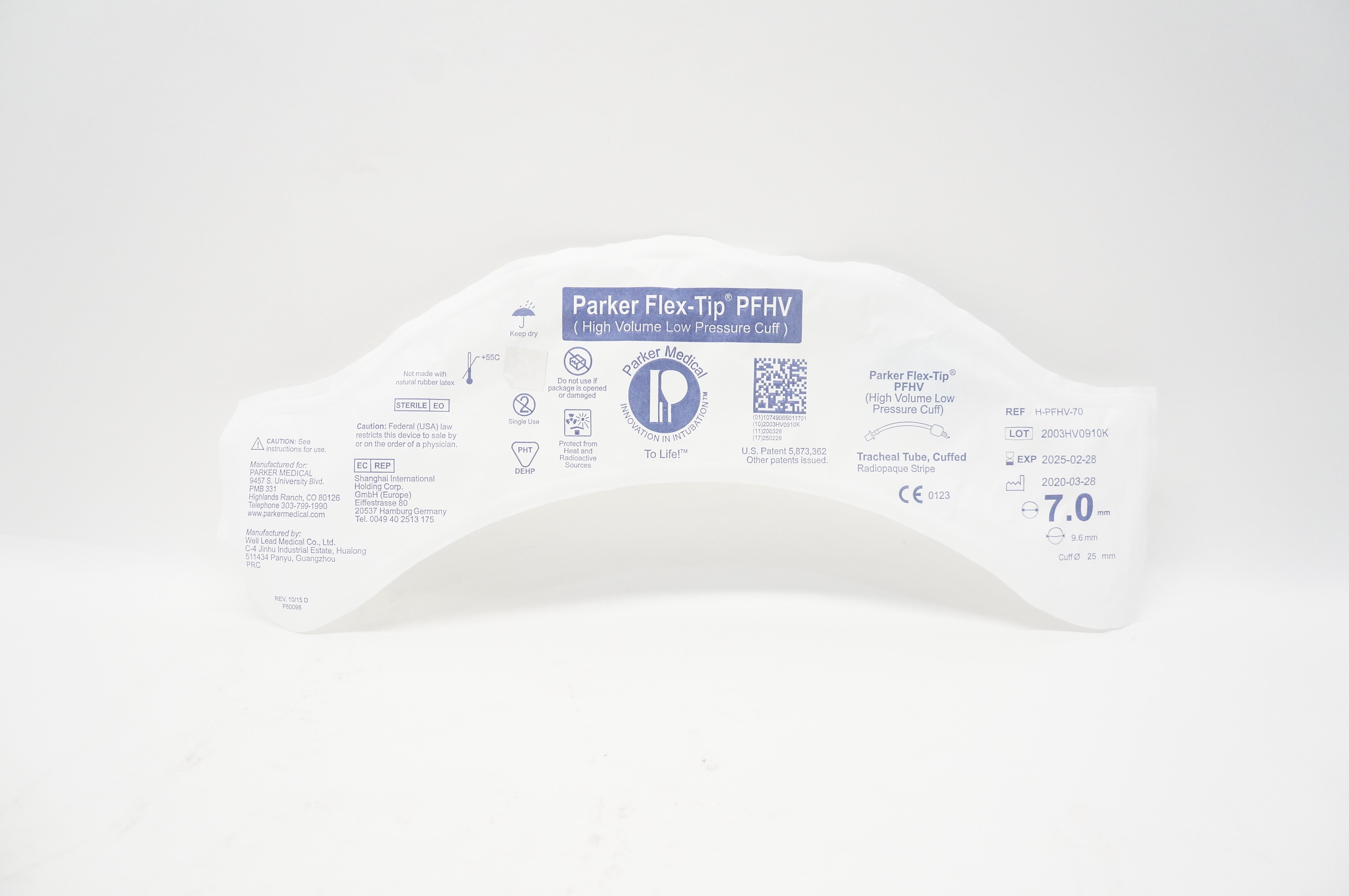 Parker Medical H-PFHV-70 Flex-Tip Tracheal Tube Cuffed 7.0mm x 9.6mm x 25mm
