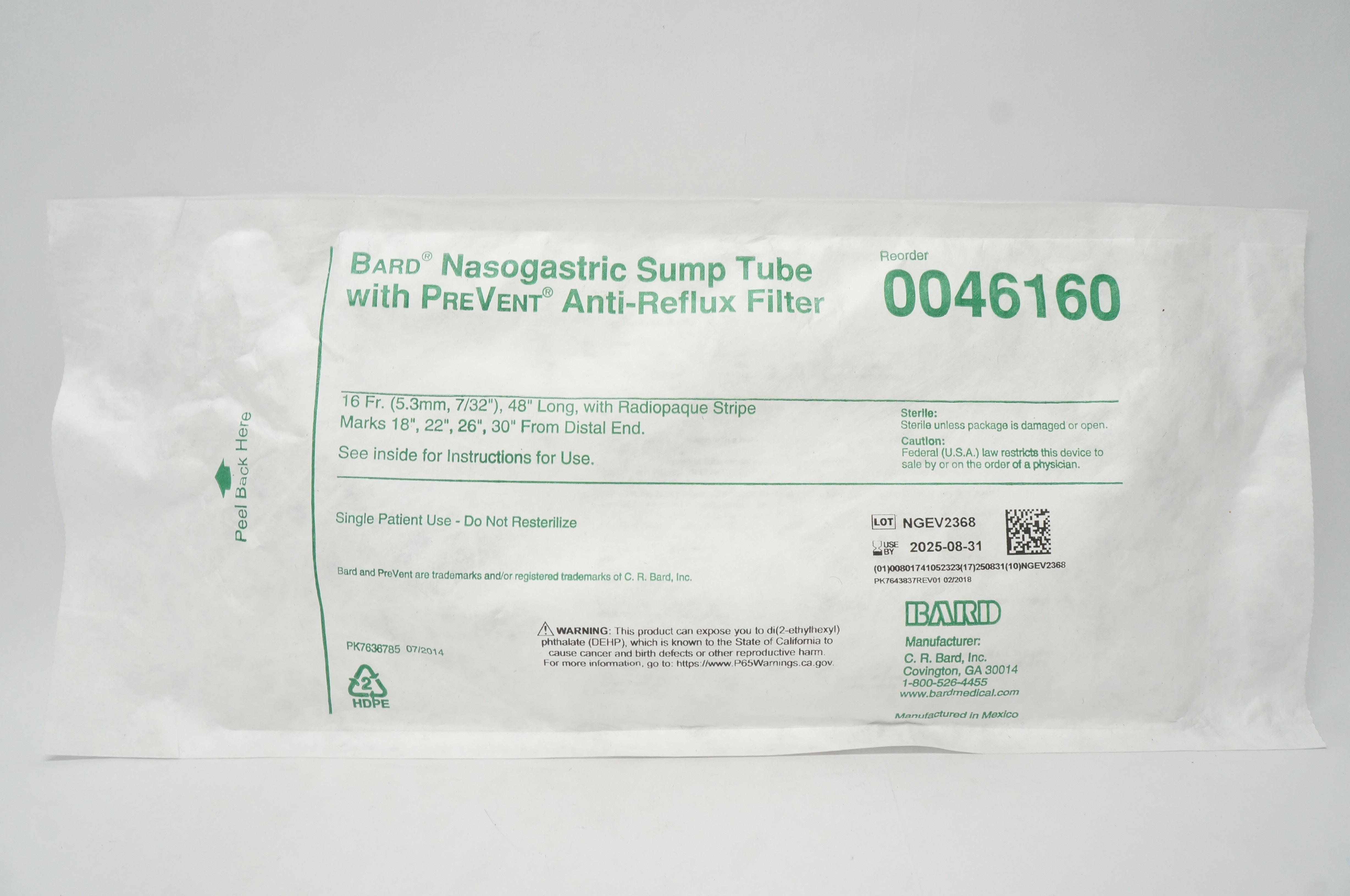 Bard 0046160 Nasogastric Sump Tube w/PreVent Anti-Reflux Filter 16Fr. x 48inch