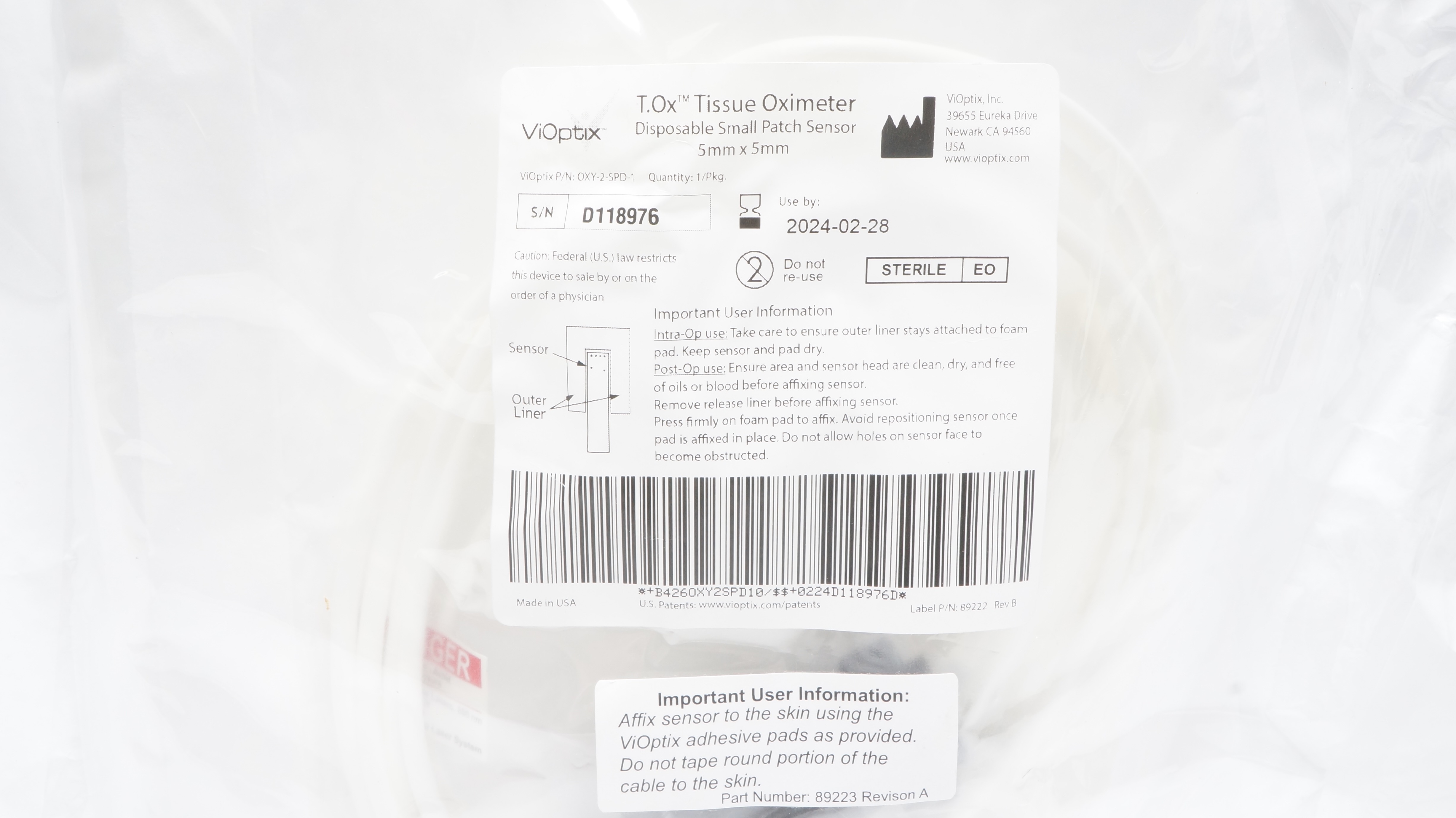 ViOptix D118976 Tissue Oximeter Disposable Patch Sensor Small 5mm x 5mm (x)