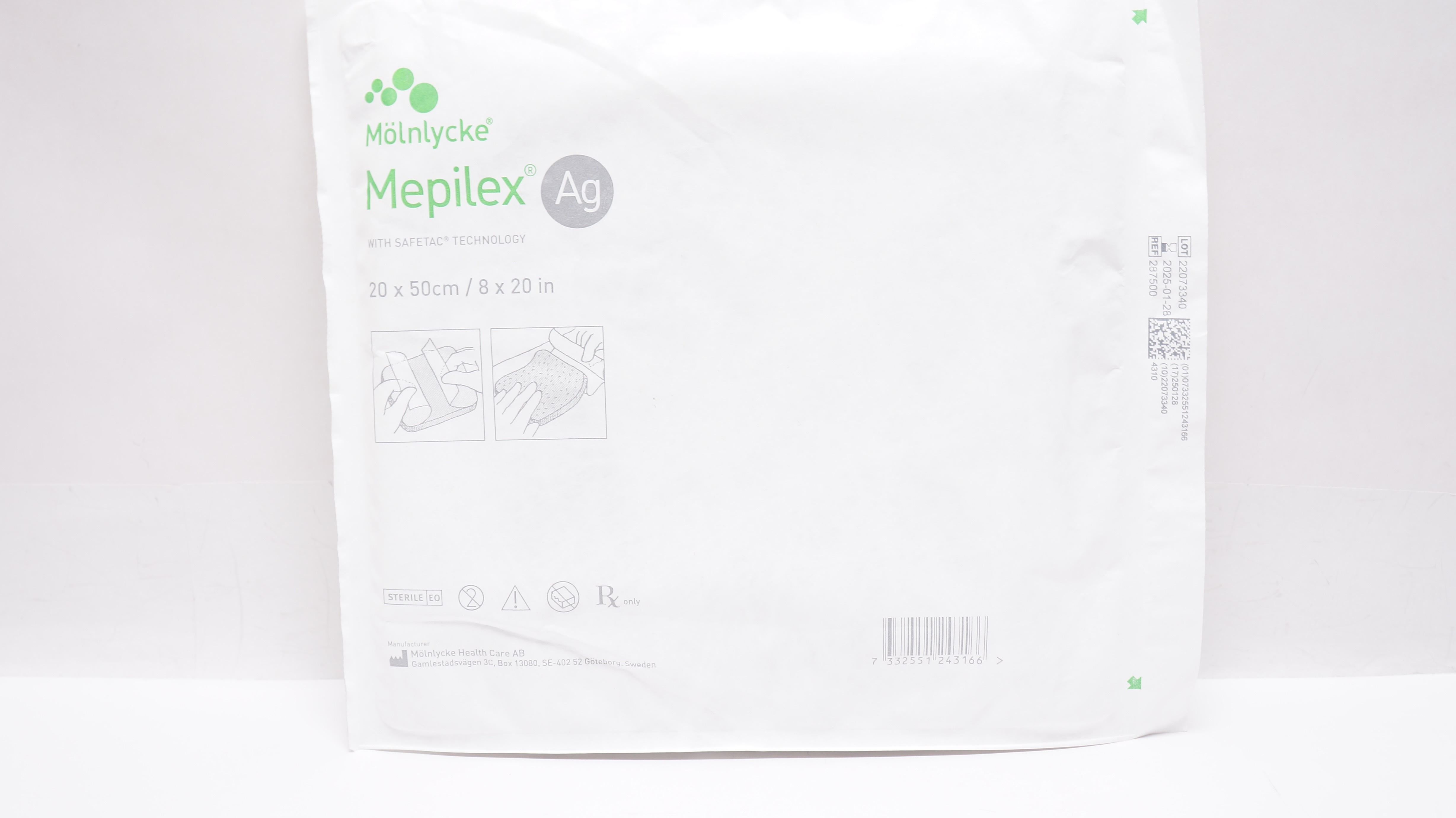Molnlycke 287500 Mepilex Ag Antimicrobial Foam Dressing 8inch x 20 inch