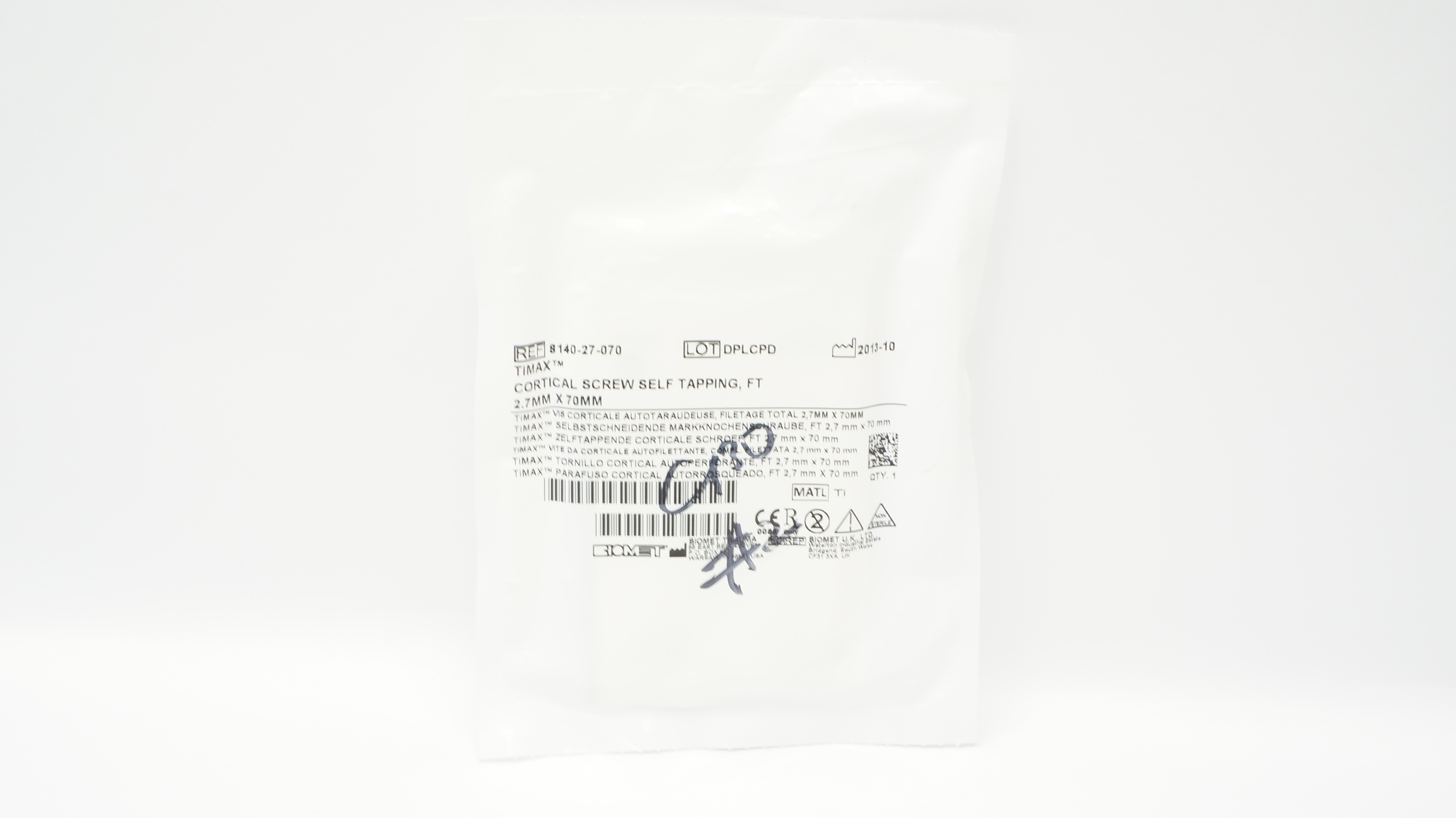 Biomet 8140-27-070 Timax Cortical Screw Self Tapping, FT 2.7mm x 70mm