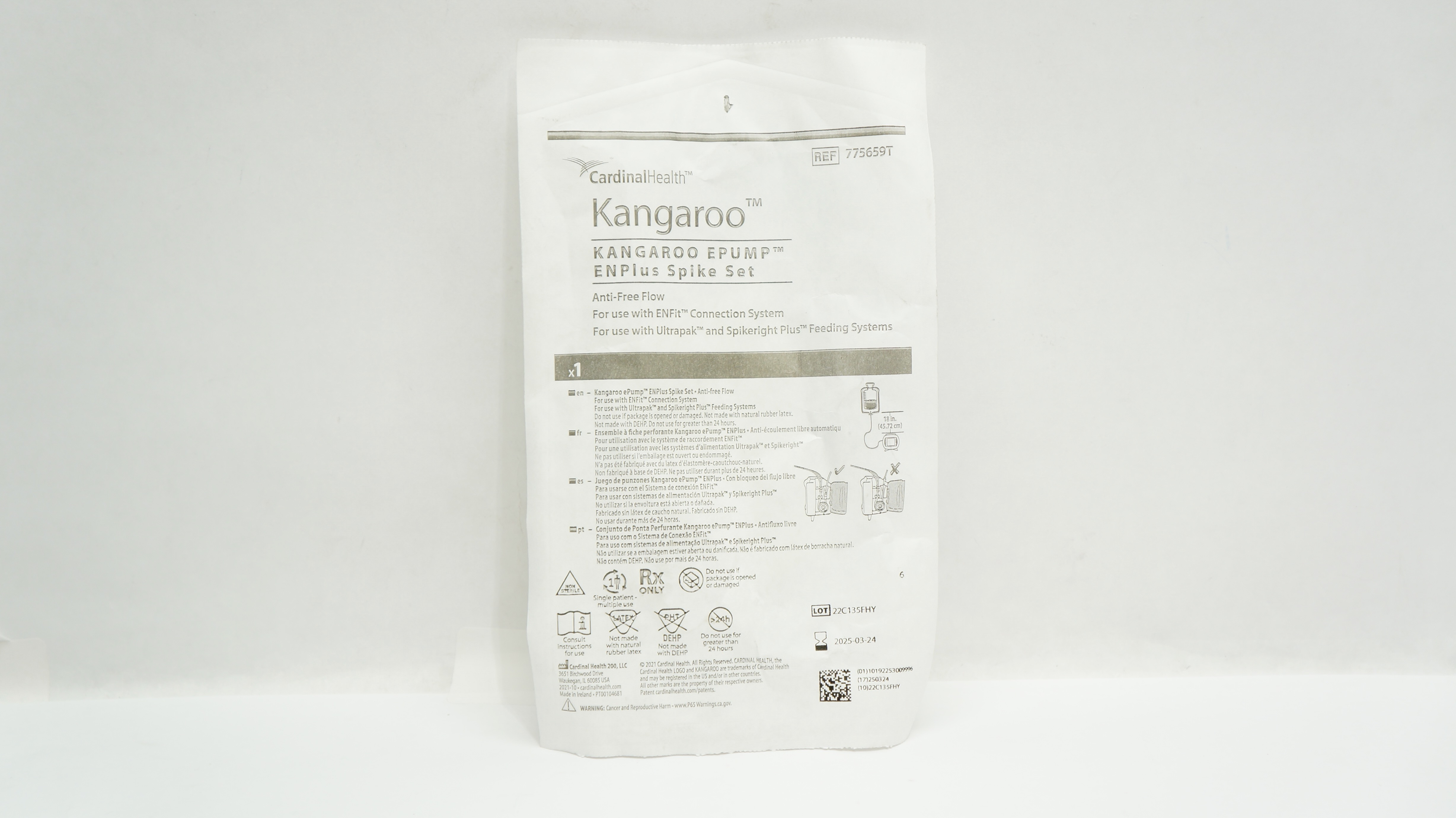 Cardinal Health 775659T Kangaroo e-Pump ENPlus Spike Set Anti-Free Flow 18inch