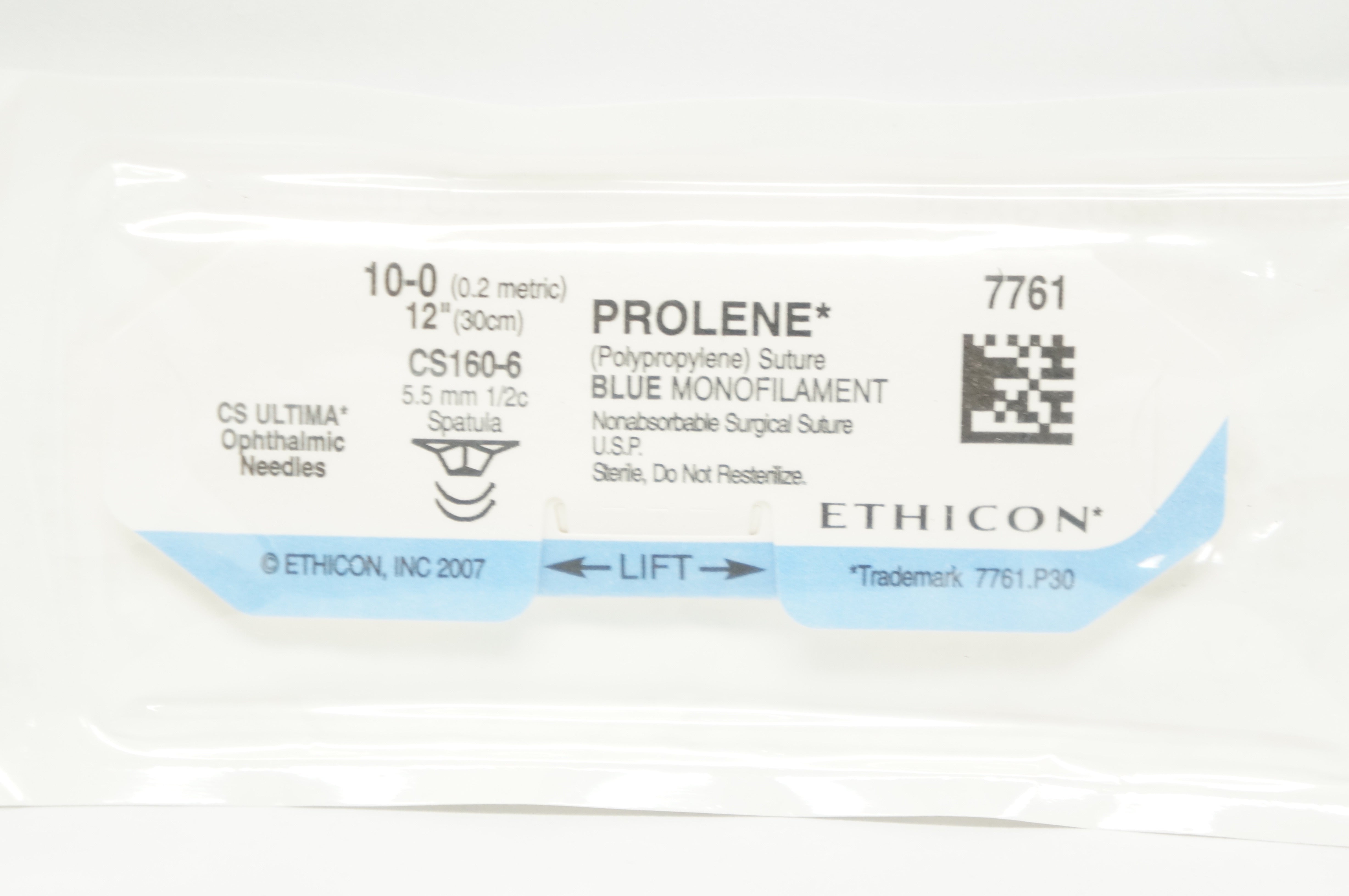 Ethicon 7761 10-0 PROLENE Polypropylene Stre CS160-6, 5.5mm 1/2c Spatula 12inch