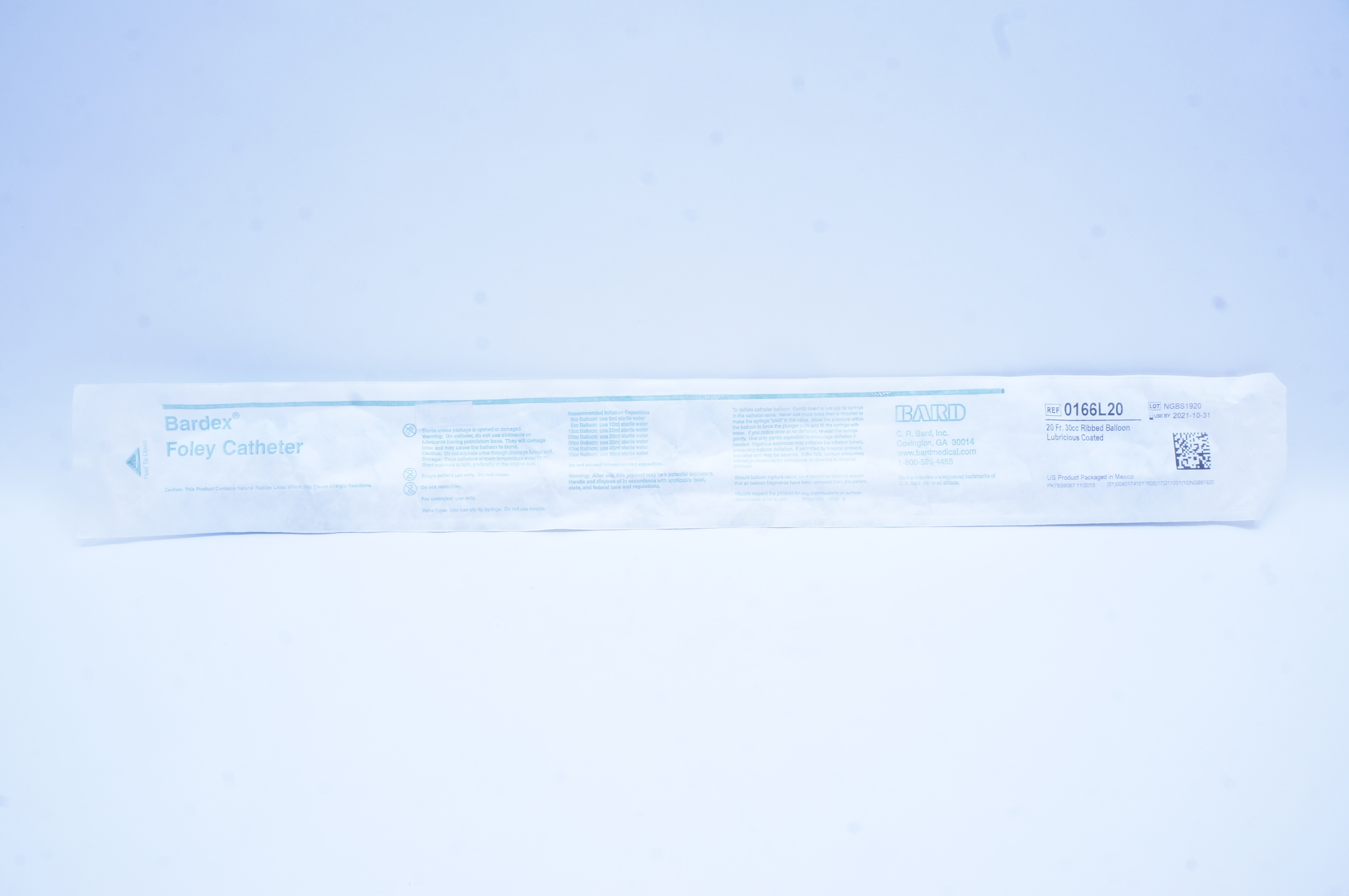 Bard 0166L20 Bardex Foley Cath. 20Fr x 30cc Ribbed Balloon