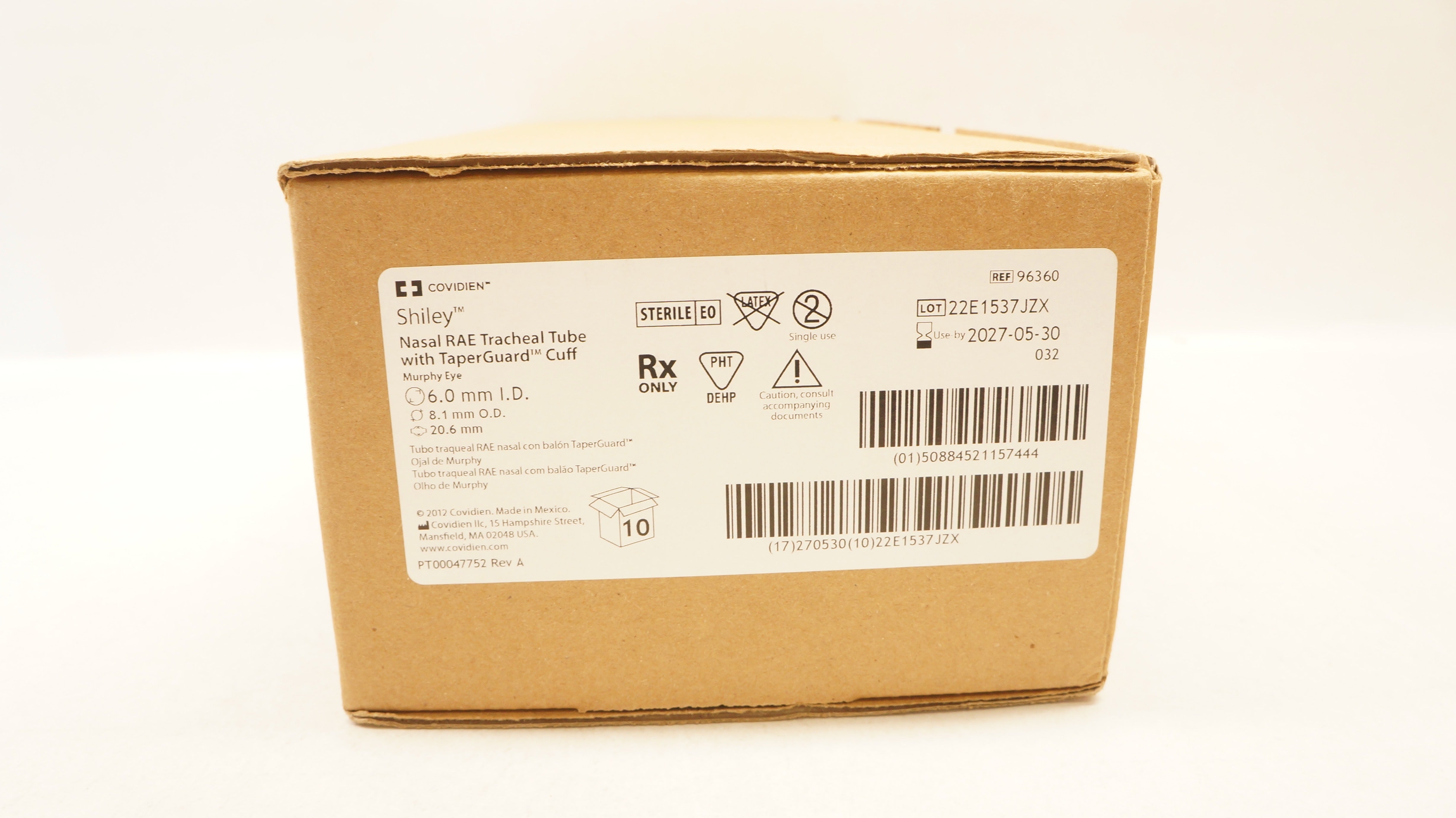 Covidien 96360 Shiley Nasal RAE Tracheal Tube 6.0ID x 8.1OD x 20.6mm - Box of 10
