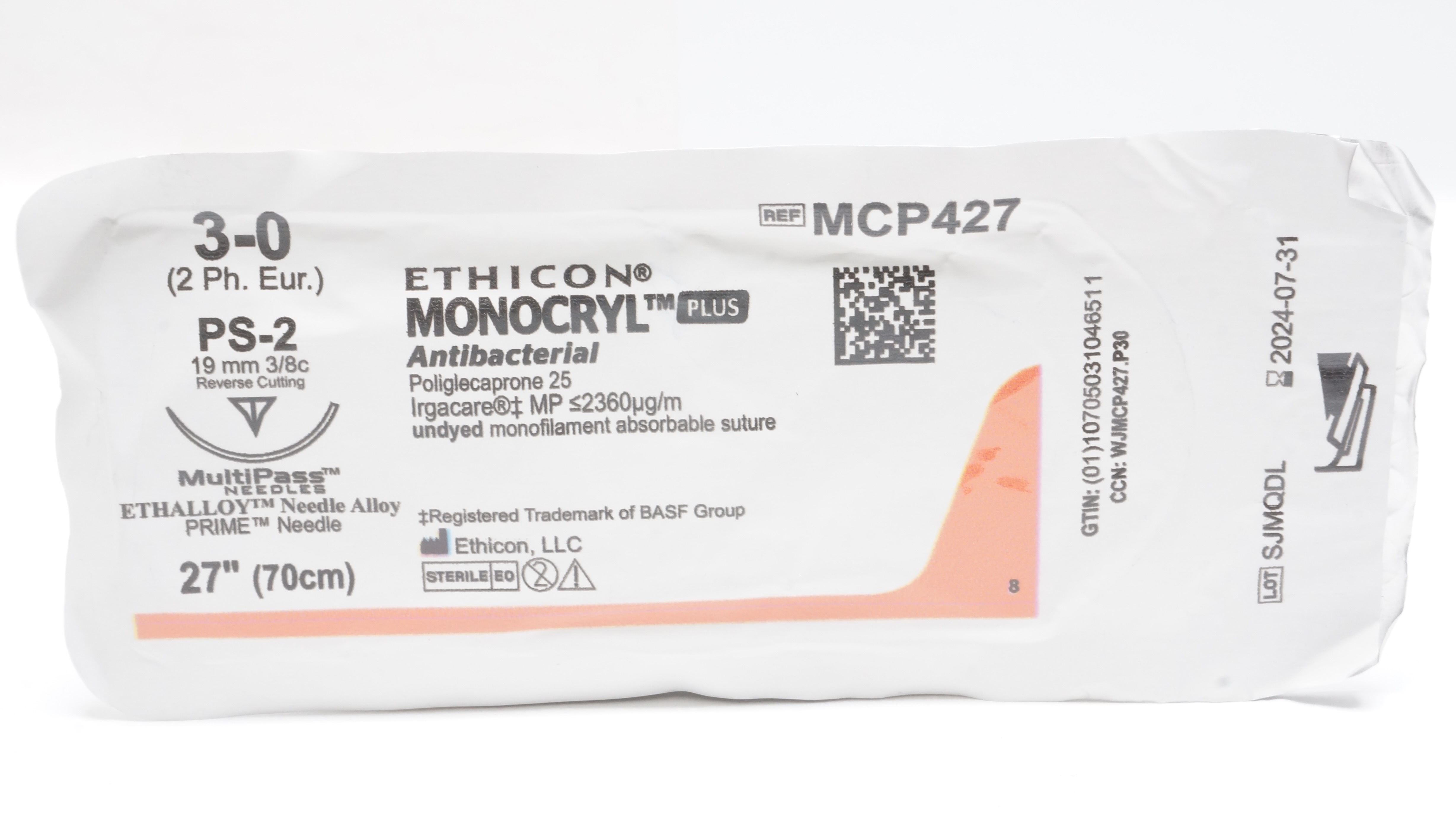 Eth1icon MCP427 3-0 Monocryl Plus Stre PS-2 19mm 3/8c Reverse Cutting, 27inch (x)