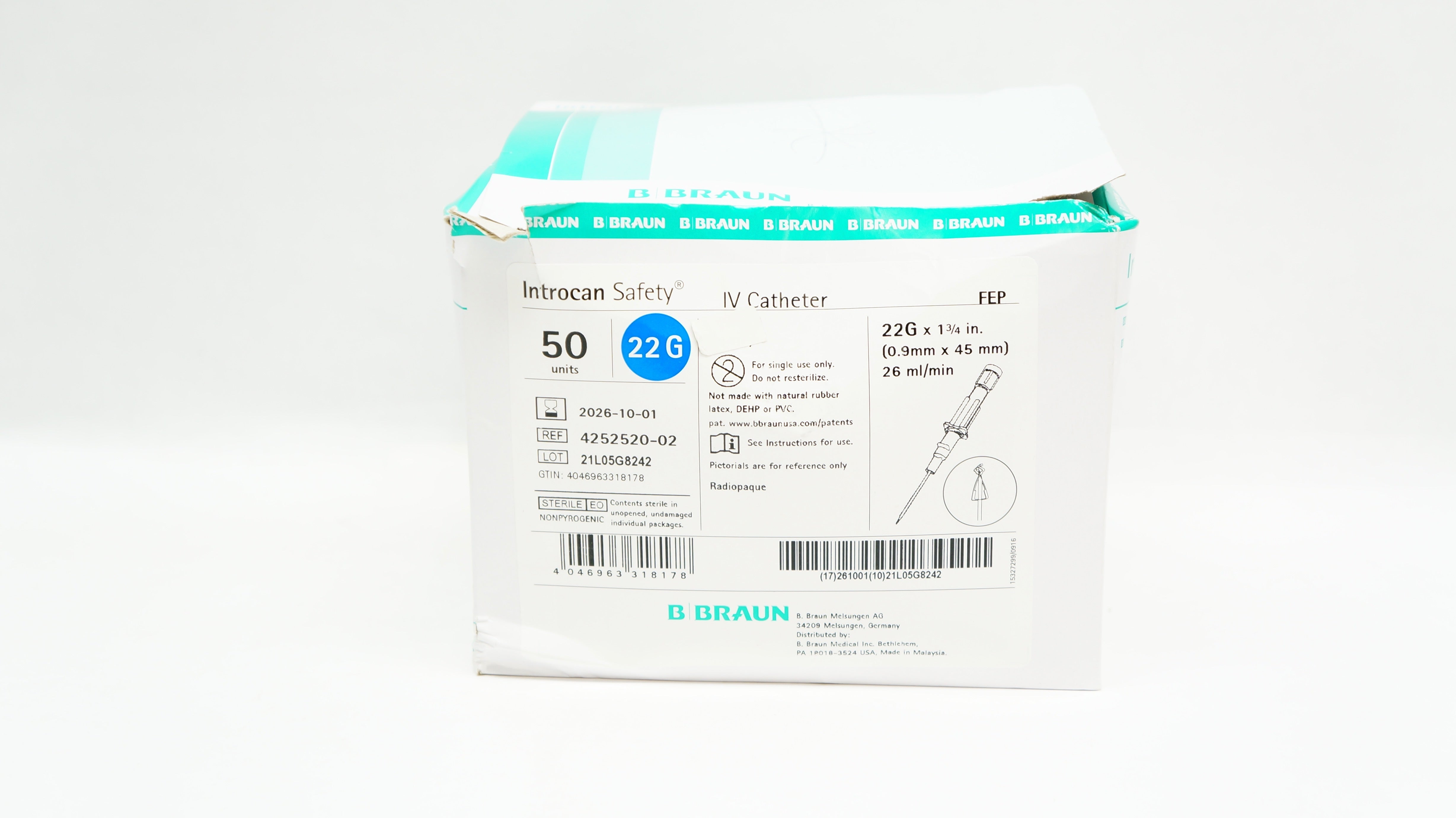 Braun 4252520-02 Introcan Safety IV Cath. 22G x 1-3/4inch 26ml/min - Box of 50