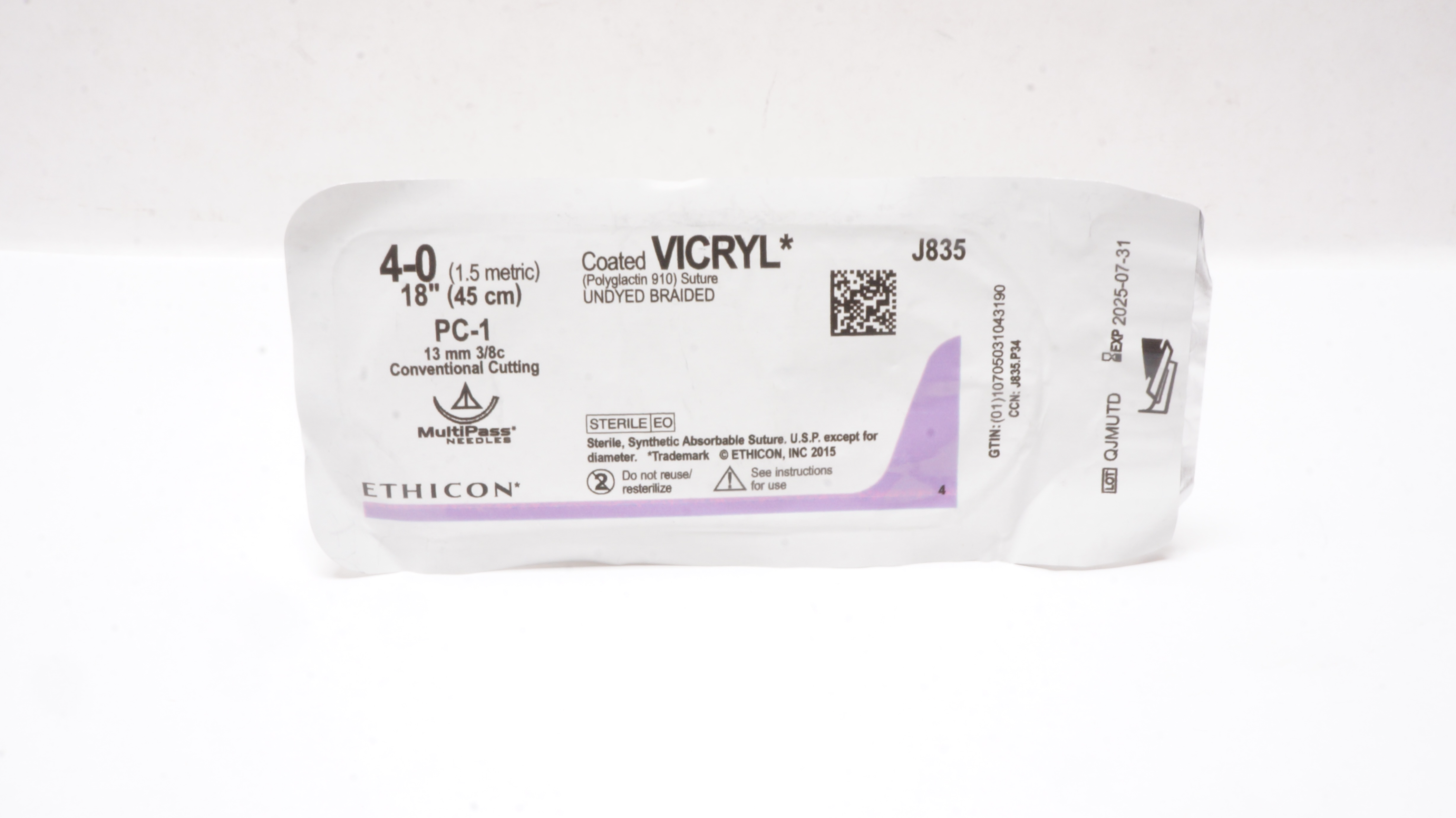 Ethicon J835 4-0 Coated VICRYL Stre PC-1 13mm 3/8c Conventional Cutting 18inch