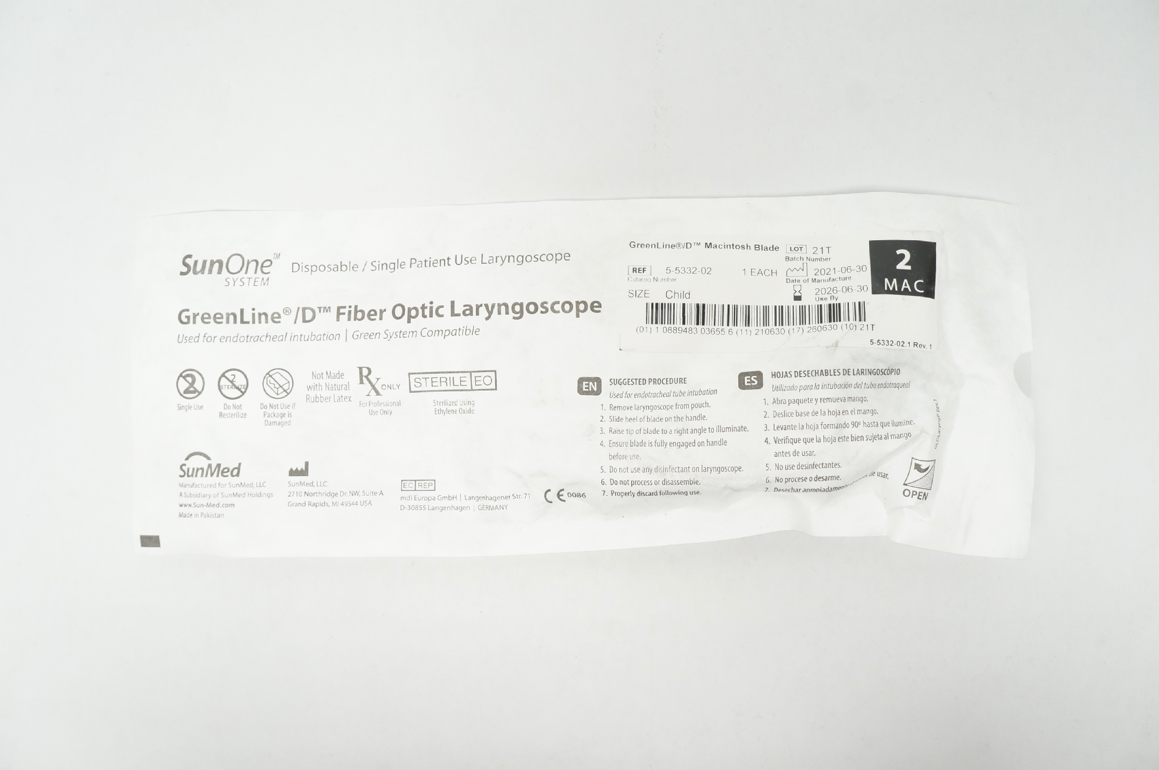 Sun-Med 5-5332-02 GreenLine D Laryngoscope Blade Macintosh Size 2