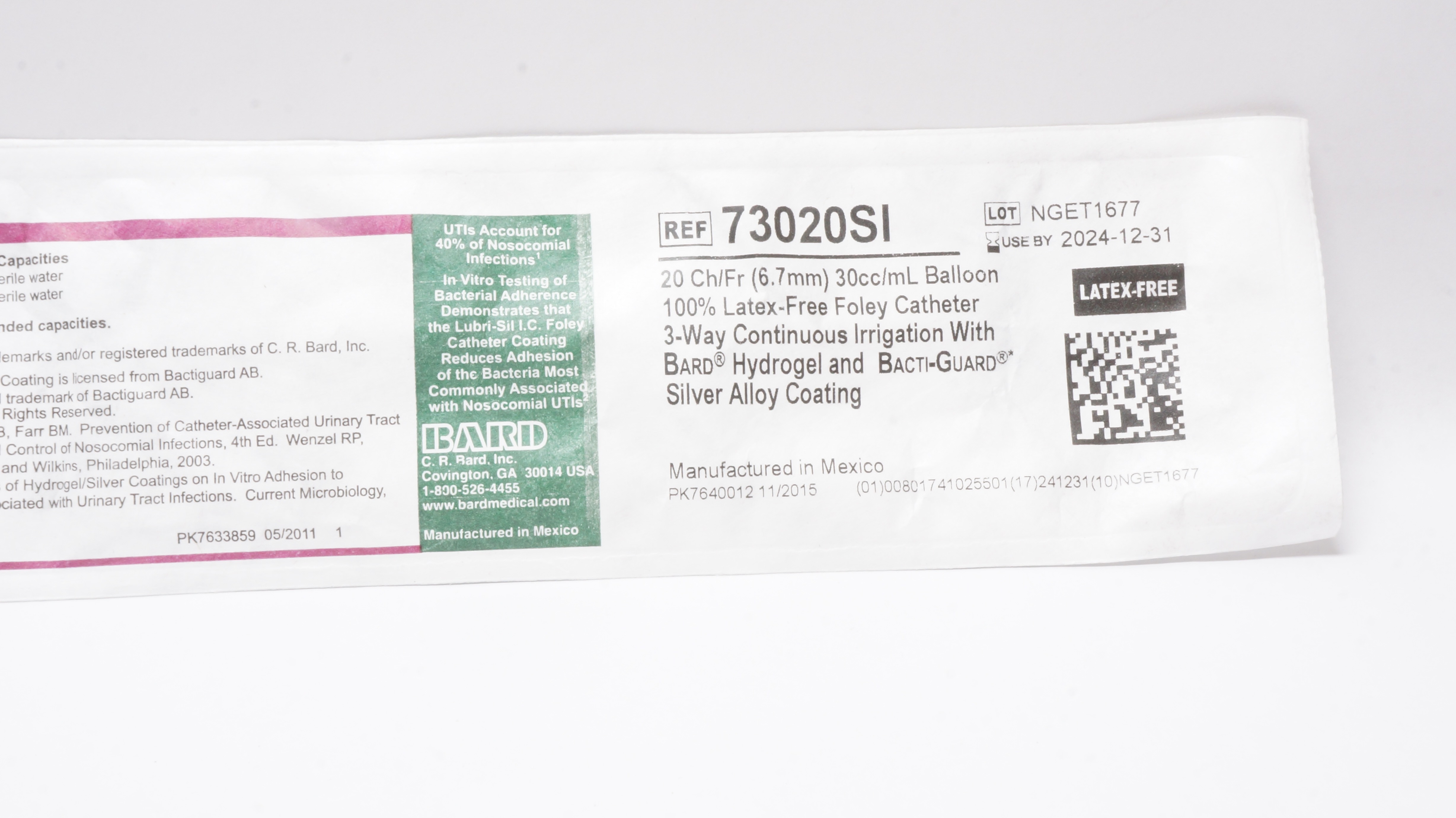 Bard 73020SI Lubri-Sil Infection Control Foley Cath. 20 Fr. 30cc/mL Balloon