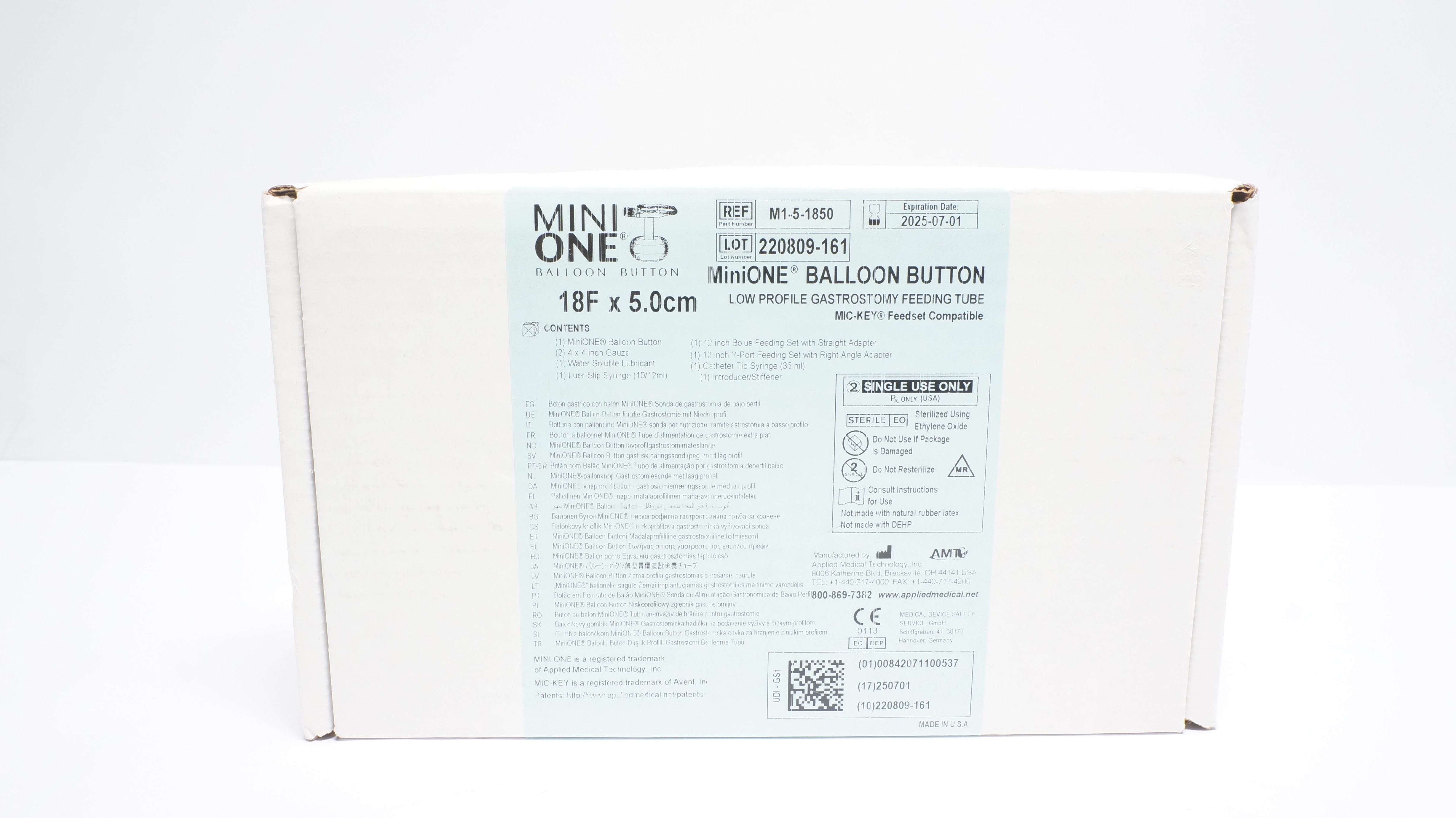 AMT M1-5-1850 MiniOne Balloon Button Gastrostomy Feeding Tube 18F x 5.0cm (x)