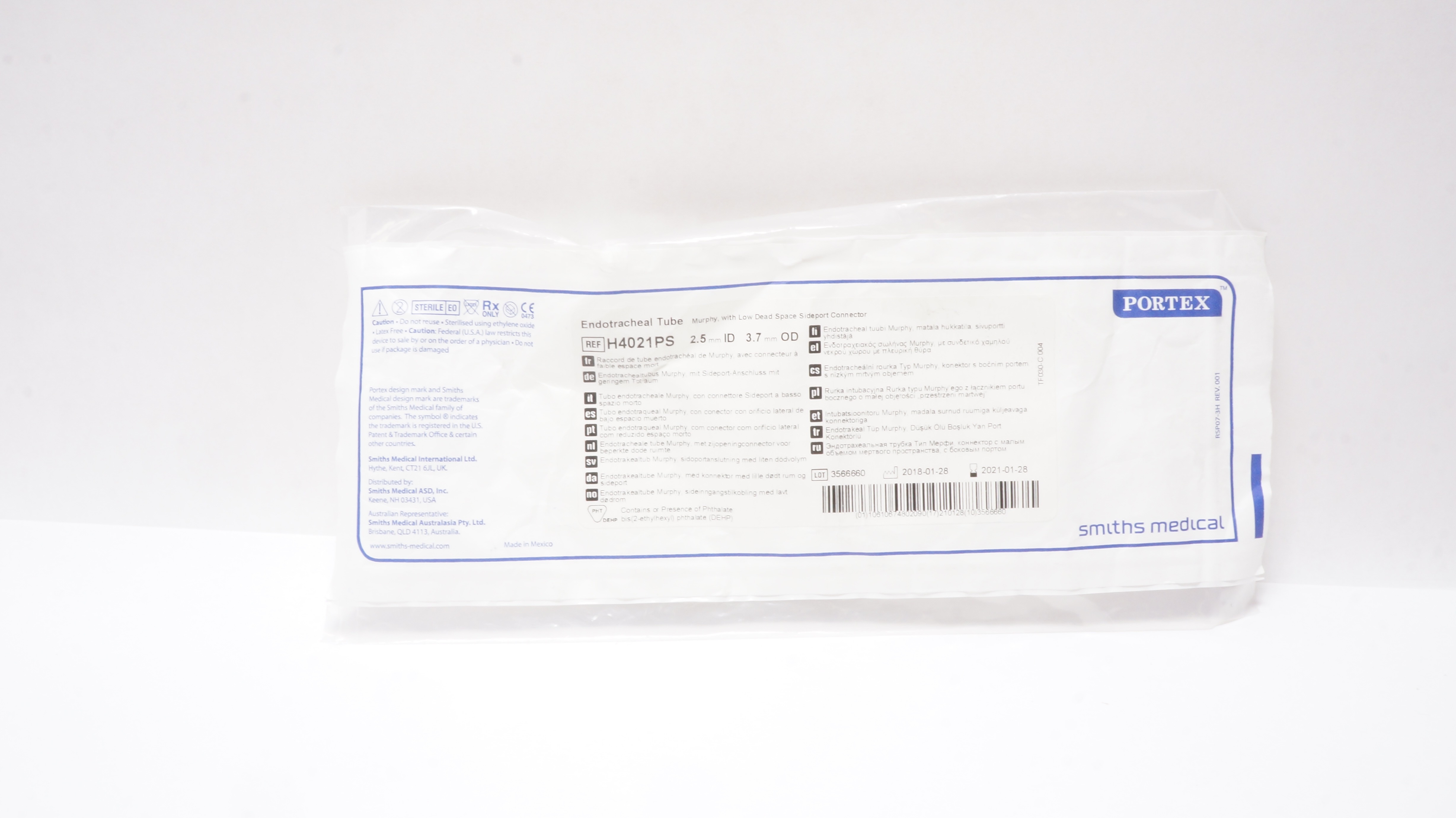 Smiths Medical H4021PS Portex Endotracheal Tube 2.5mm ID x 3.7mm OD (x)