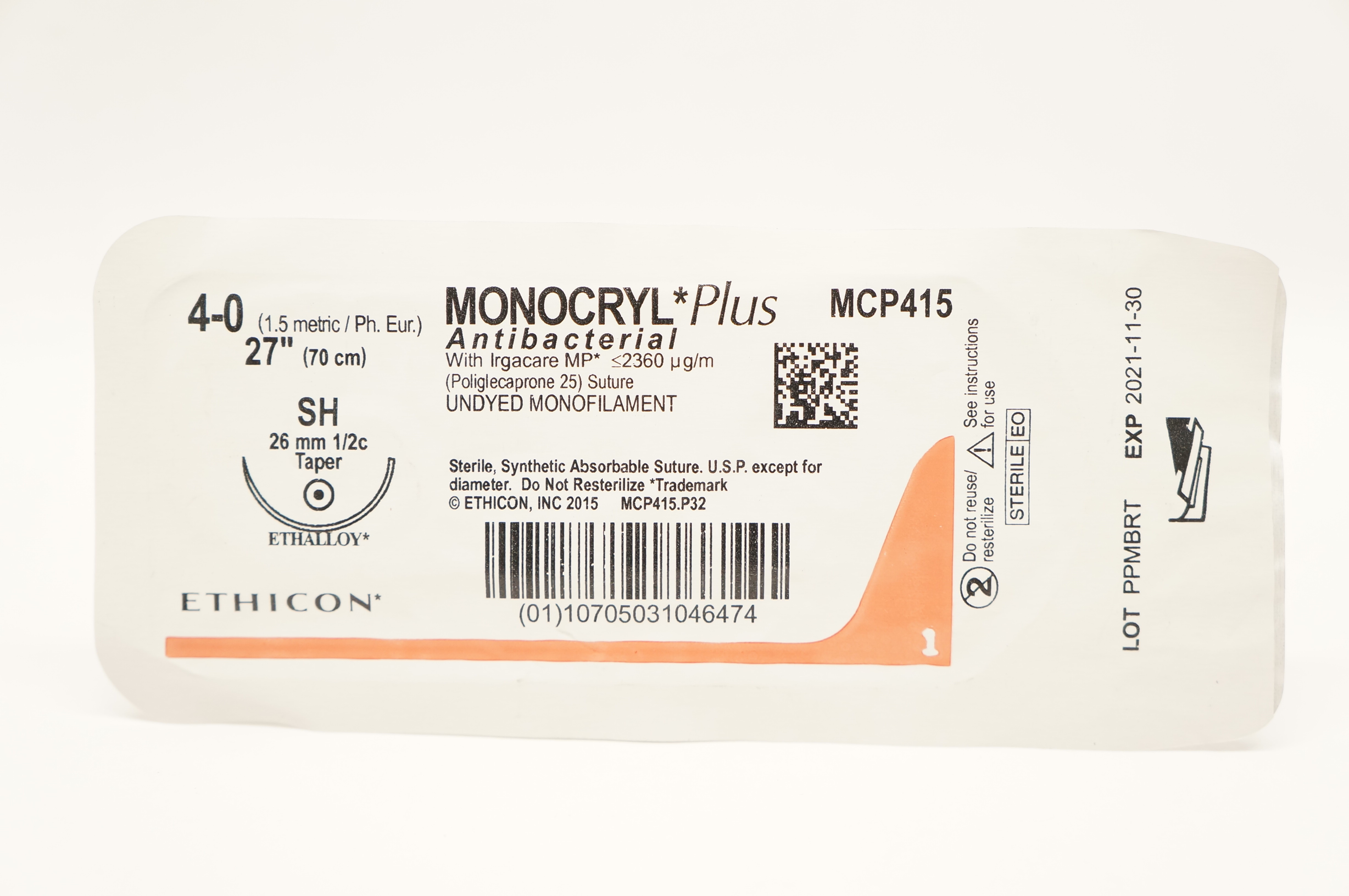 Ethicon MCP415 4-0 Monocryl Plus Stre SH 26mm 1/2c Taper, 27inch (x)