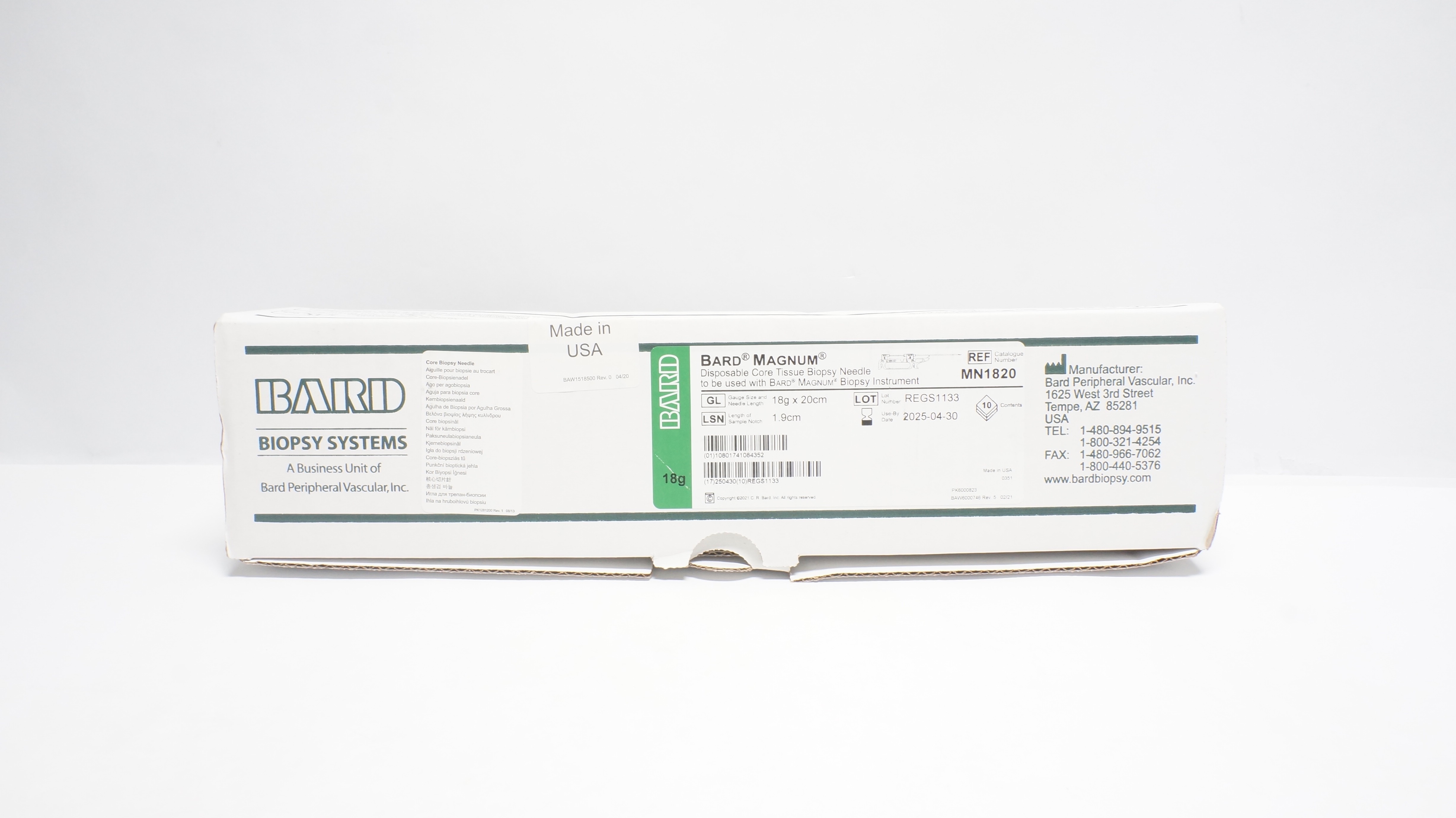 Bard MN1820 Magnum Disposable Core Tissue Biopsy Ndle 18Gx20x1.9cm-Box of 10 (x)