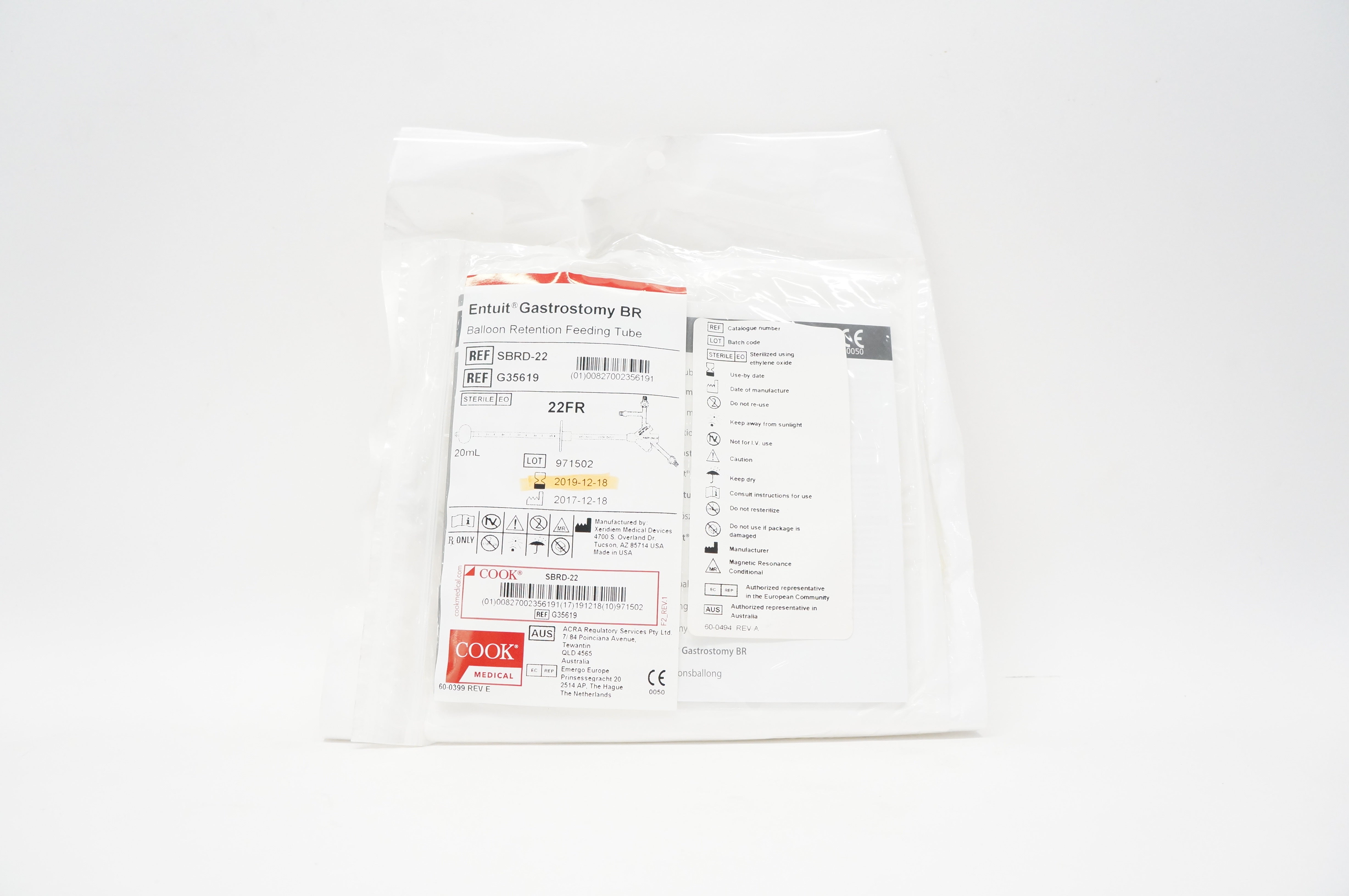 Cook Medical G35619 Entuit Gastrostomy BR Balloon Retention Feeding Tube 22Fr(x)