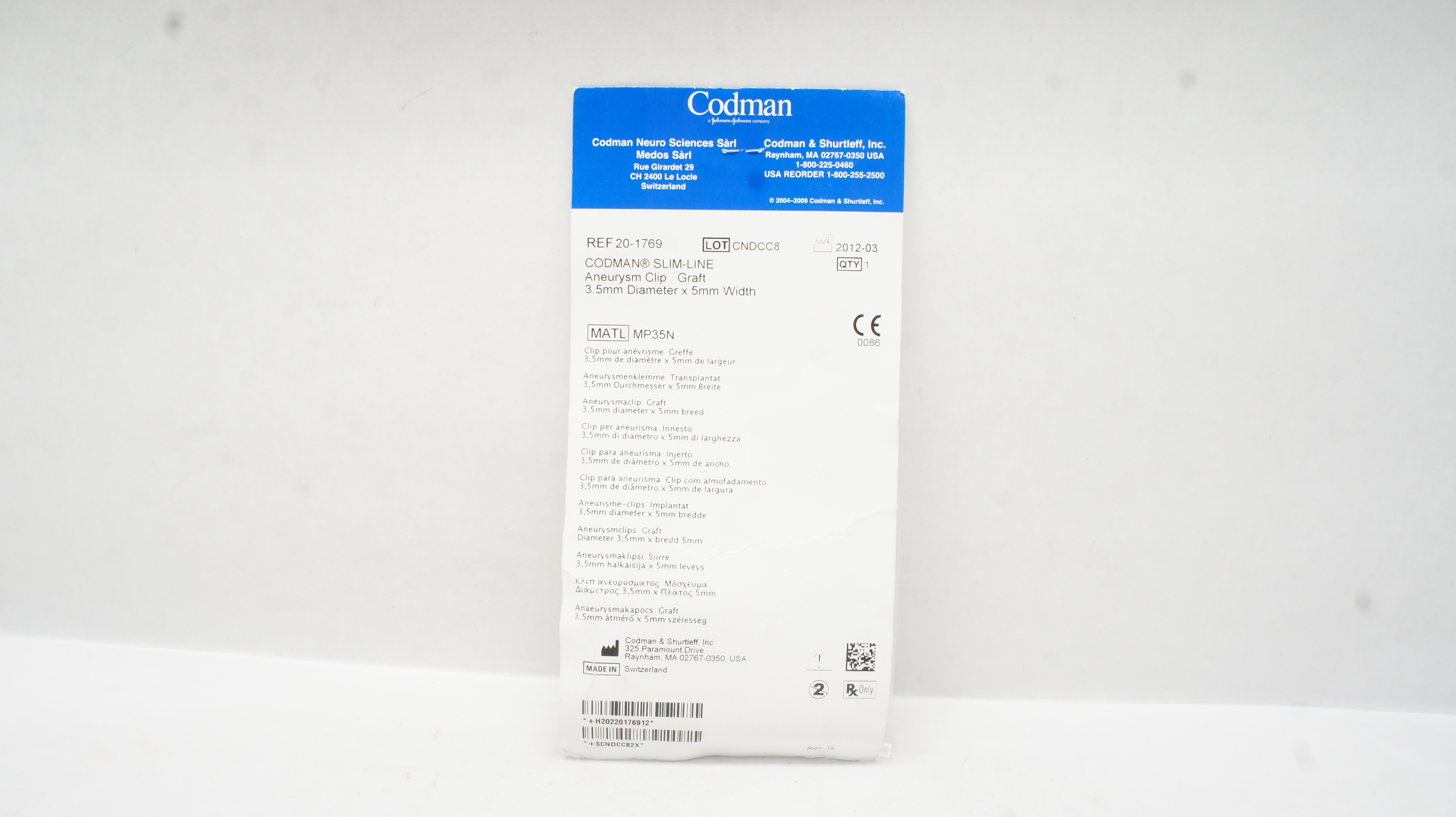 Codman 20-1769 Slim-Line Aneurysm Clip Graft 3.5mm x 5mm