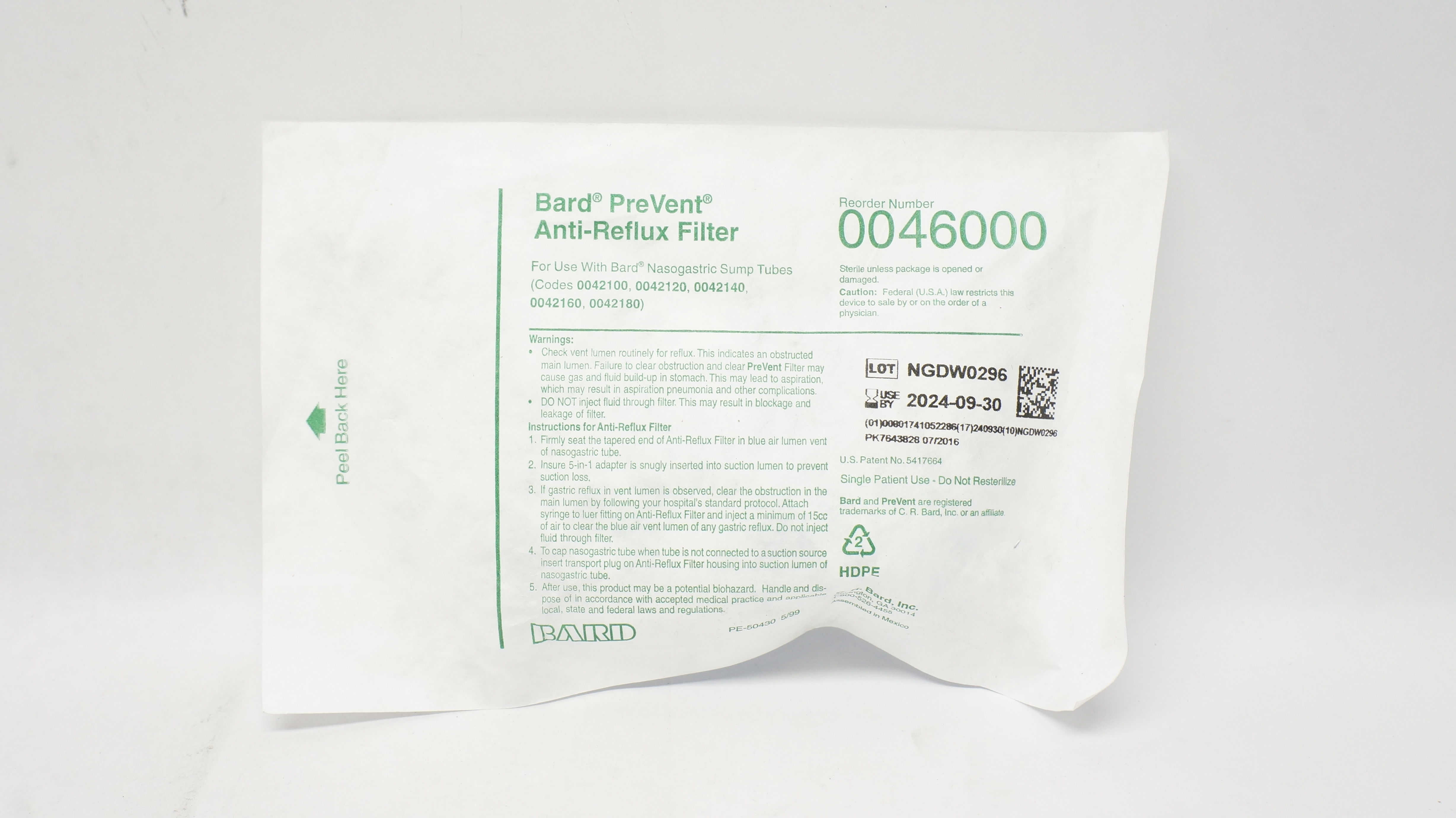 Bard 0046000 PreVent Anti-Reflux Filter