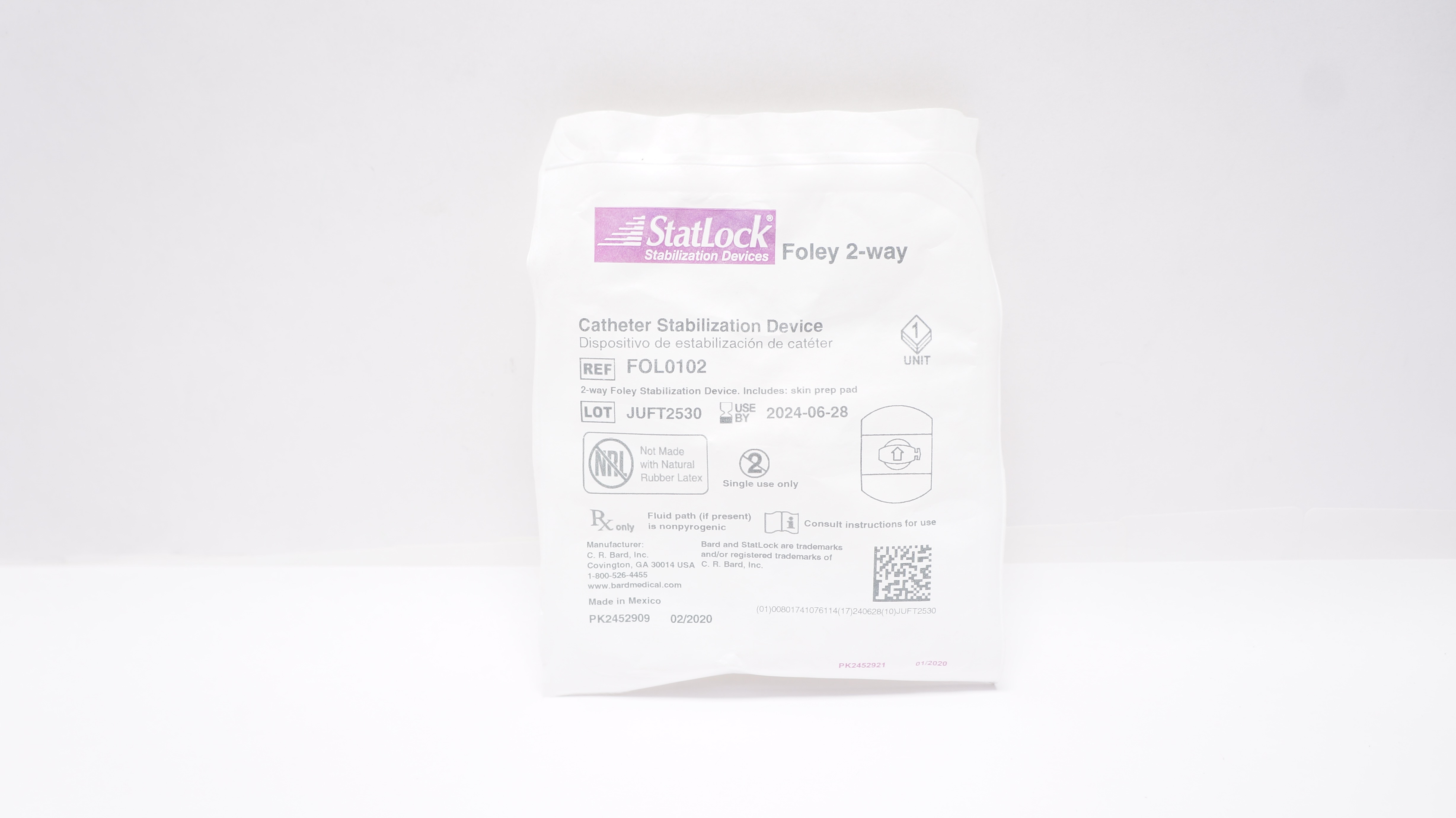 Bard FOL0102 StatLock Cath. Stabilization Device Foley 2-way