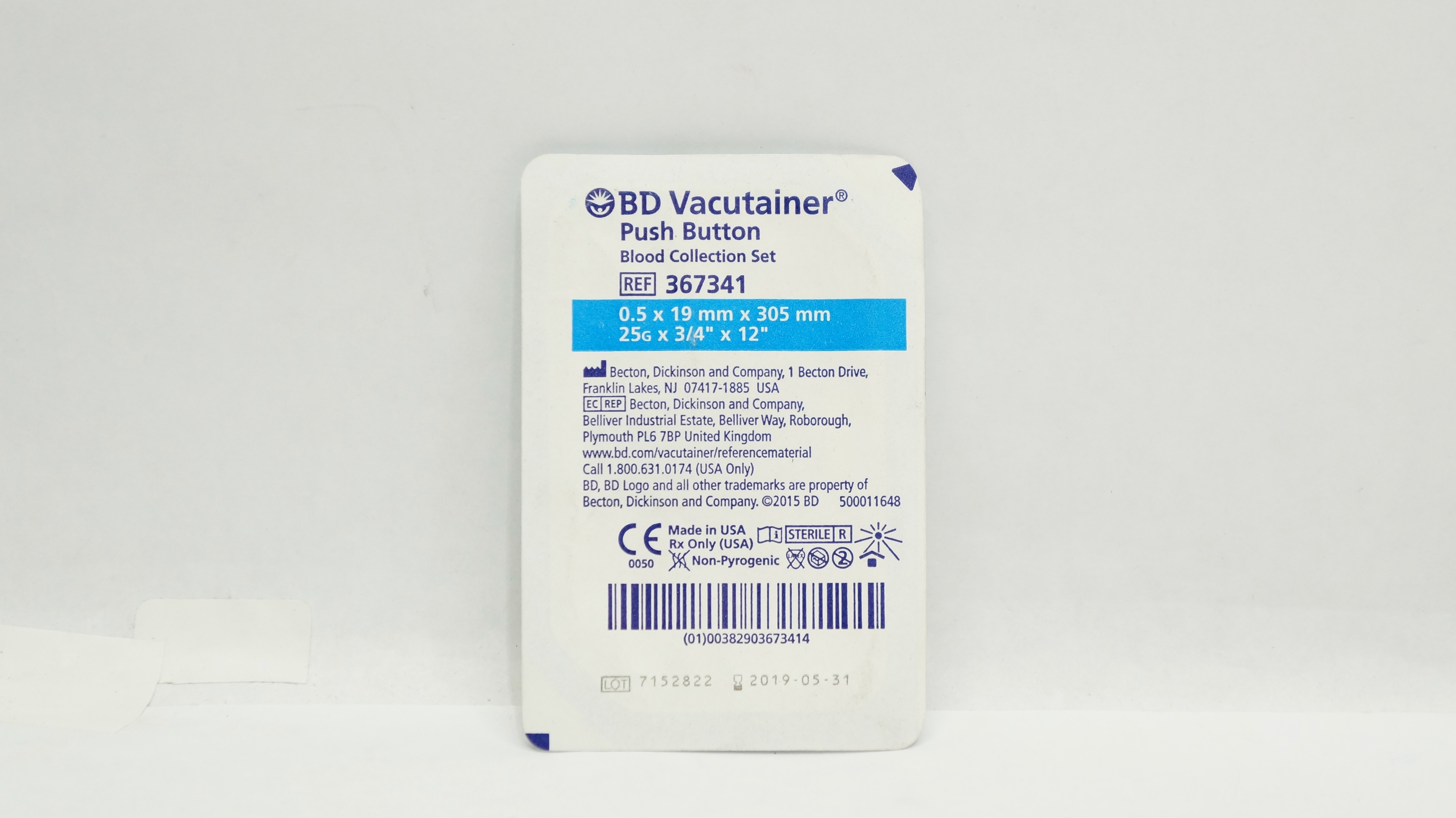 BD 367341 Vacutainer Push Button Blood Collection Set 25G x 3/4 x 12inch (x)