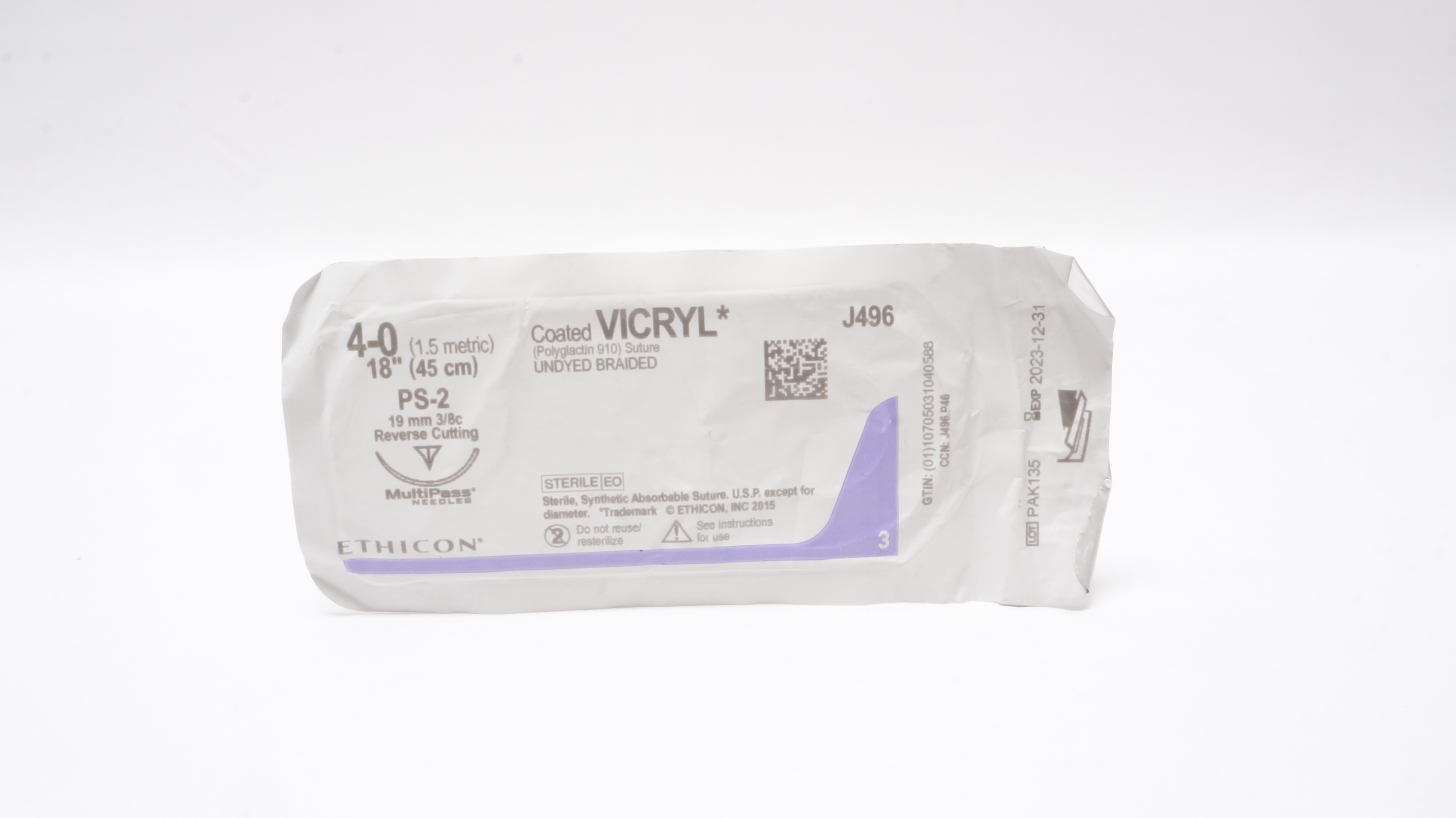 Ethicon J496 4-0 Coated VICRYL Stre PS-2 19mm 3/8c Reverse Cutting, 18inch