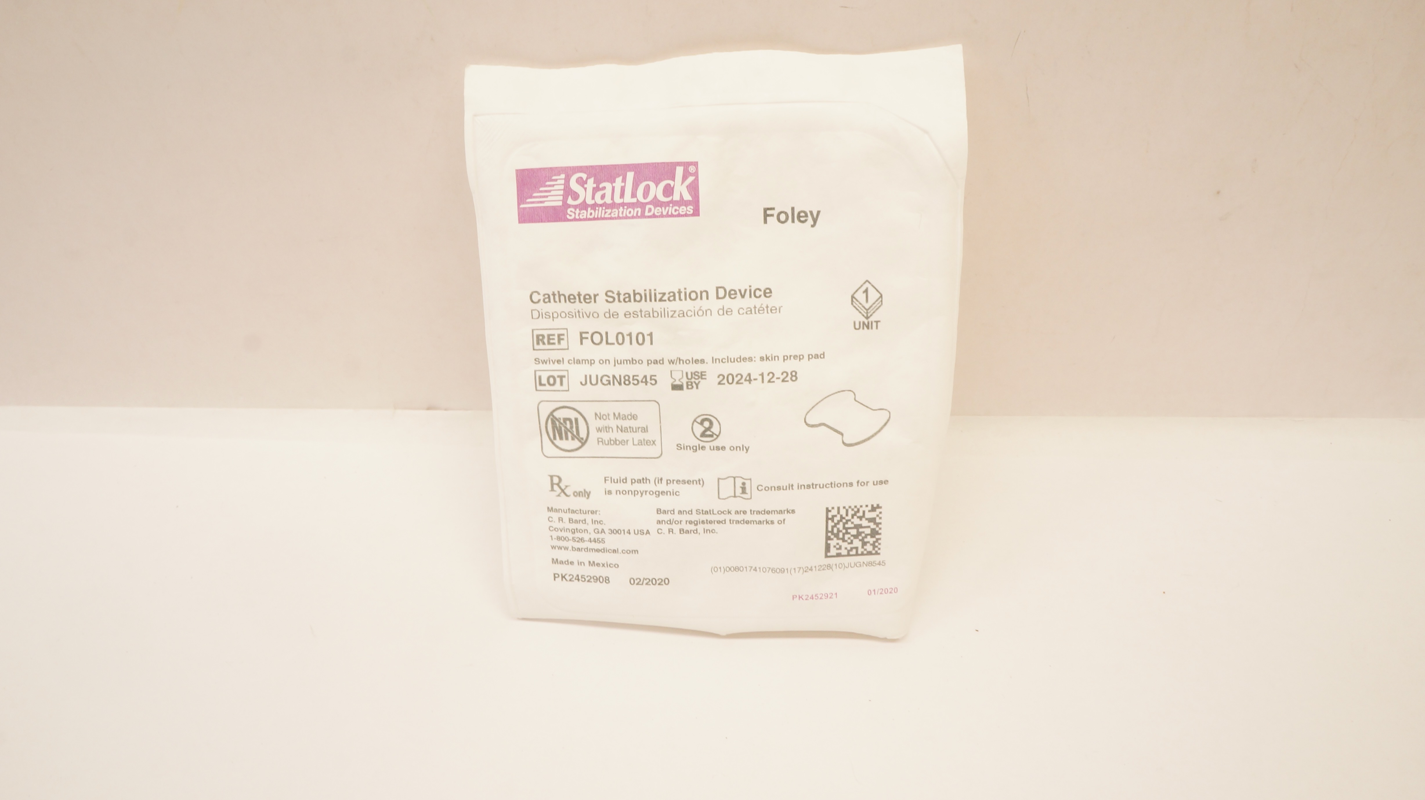 Bard FOL0101 Statlock Catheter Stabilization Device Foley