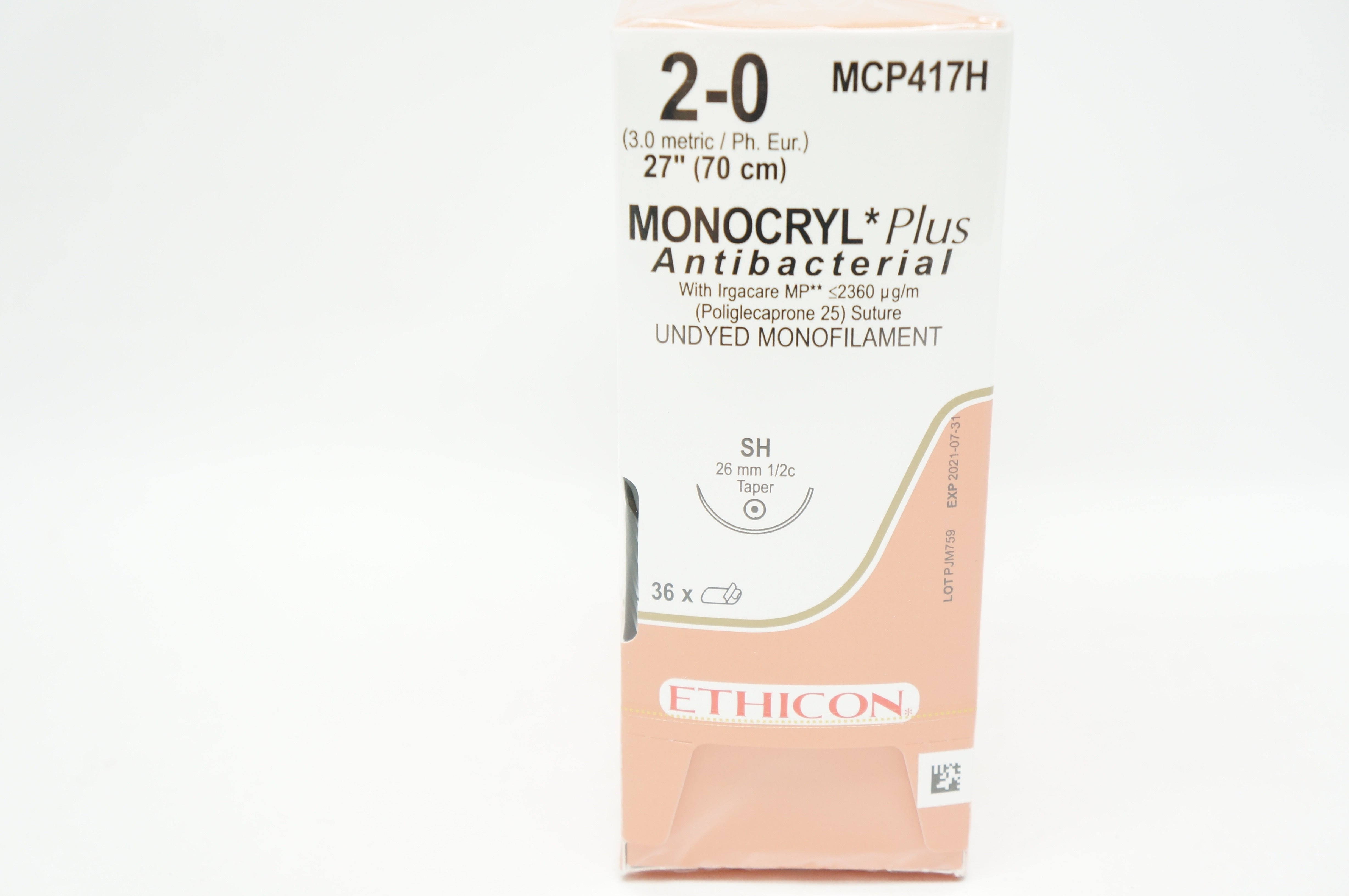 Ethicon MCP417H 2-0 Monocryl Plus Stre SH 26mm 1/2c Taper 27inch (x) - Box of 36