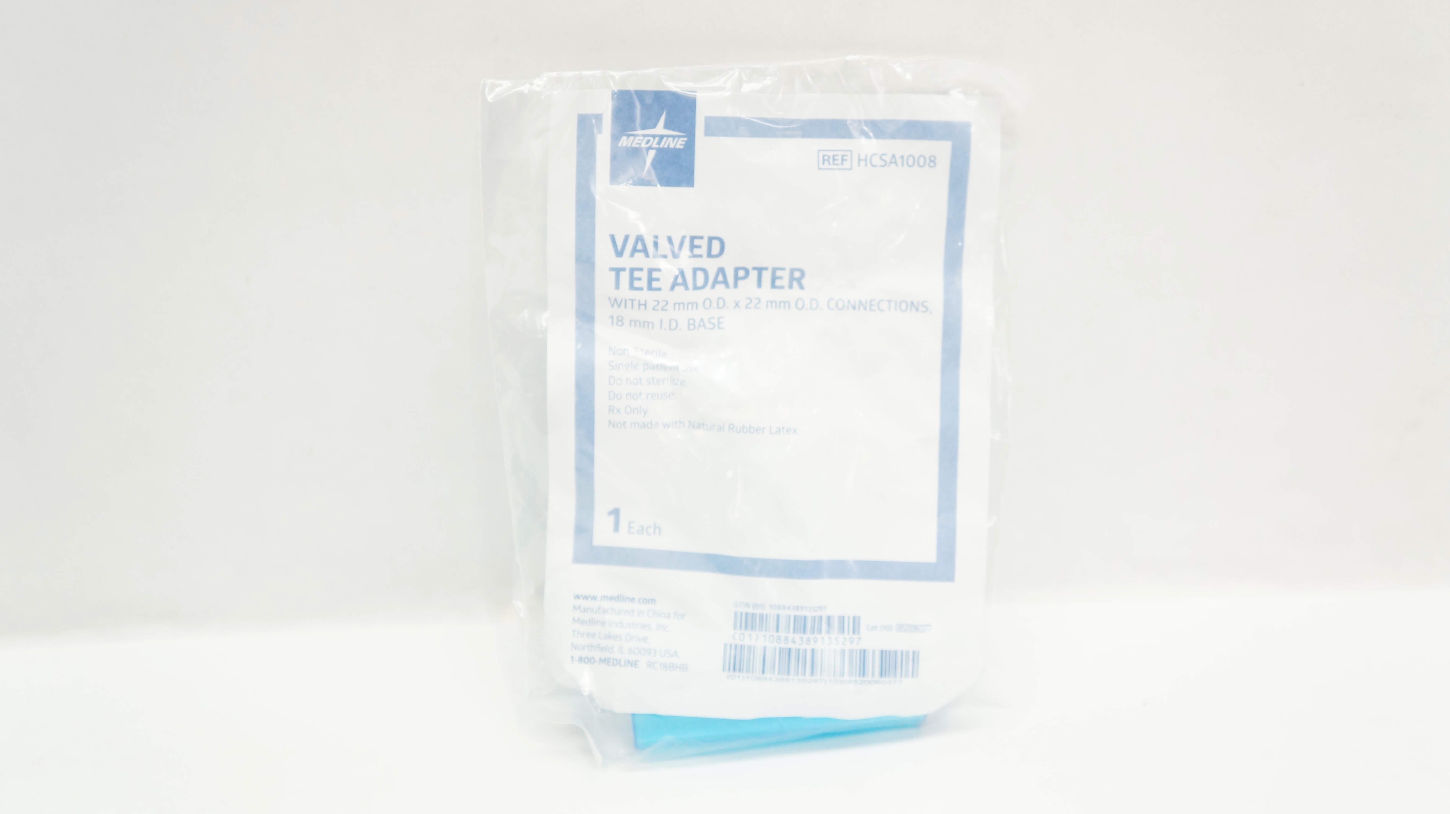 Medline HCSA1008 Valved Tee Adapter W/ 22mm x 22mm Connections, 18mm I.D. Base